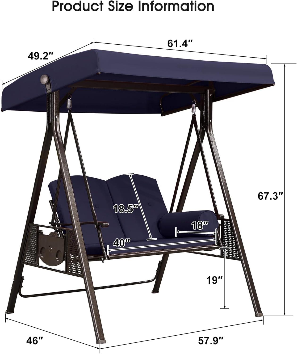 image:imagePURPLE LEAF 3Seat Deluxe Outdoor Patio Porch Swing with Weather Resistant Steel Frame Adjustable Tilt Canopy Cushions and Pillow Included BeigeNavy Blue