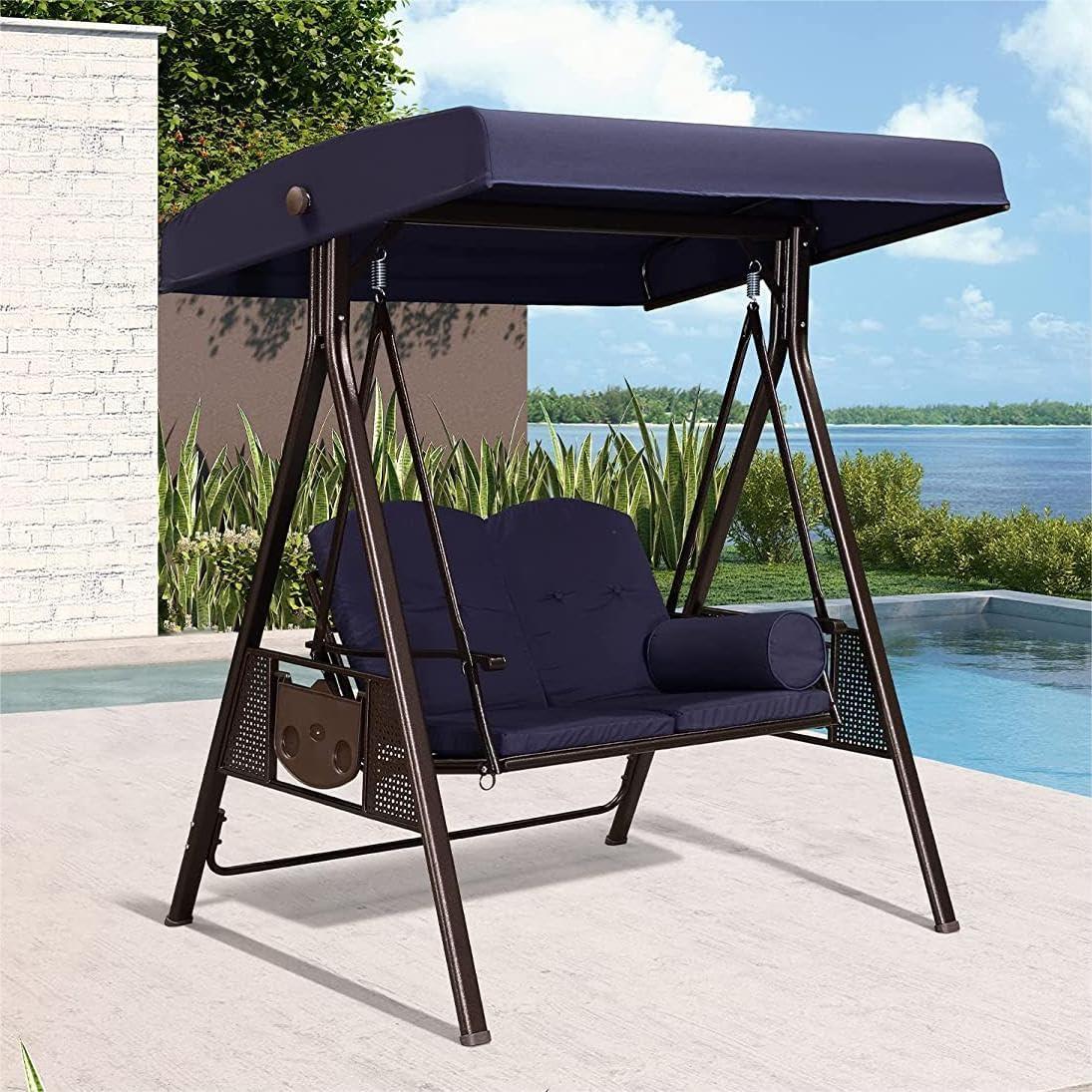 image:imagePURPLE LEAF 3Seat Deluxe Outdoor Patio Porch Swing with Weather Resistant Steel Frame Adjustable Tilt Canopy Cushions and Pillow Included BeigeNavy Blue