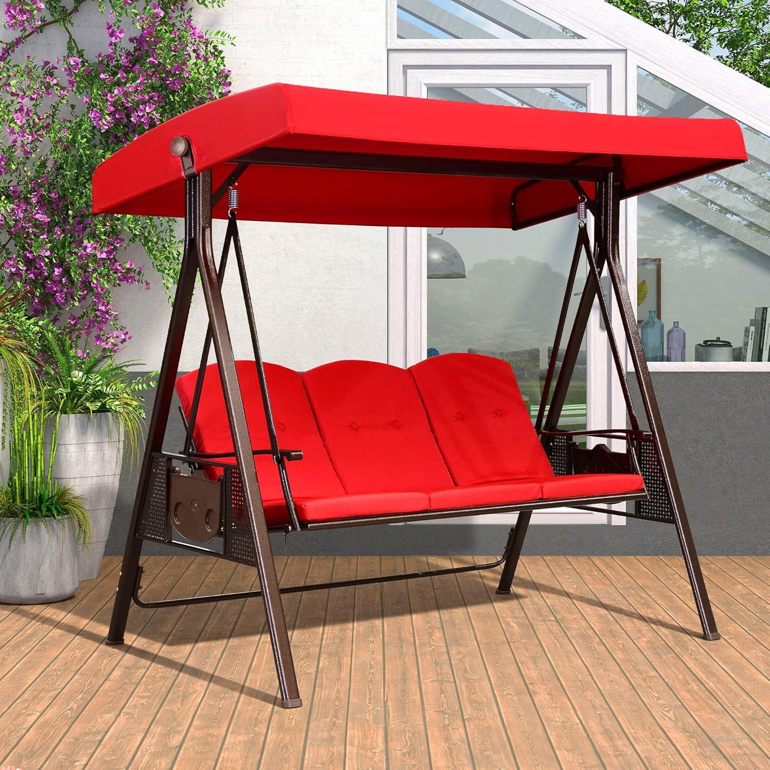 image:imagePURPLE LEAF 3Seat Deluxe Outdoor Patio Porch Swing with Weather Resistant Steel Frame Adjustable Tilt Canopy Cushions and Pillow Included BeigeTerra