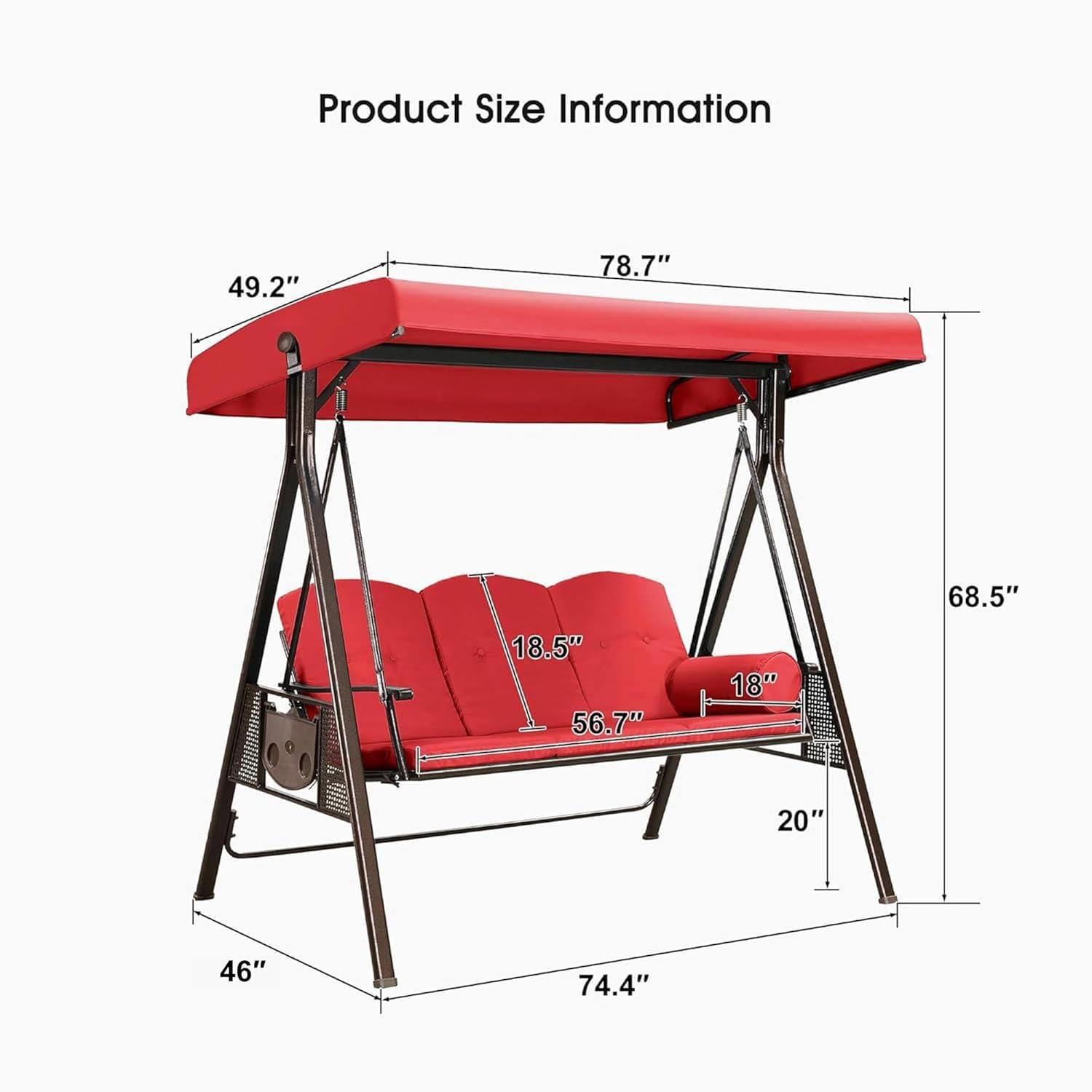 image:imagePURPLE LEAF 3Seat Deluxe Outdoor Patio Porch Swing with Weather Resistant Steel Frame Adjustable Tilt Canopy Cushions and Pillow Included BeigeTerra