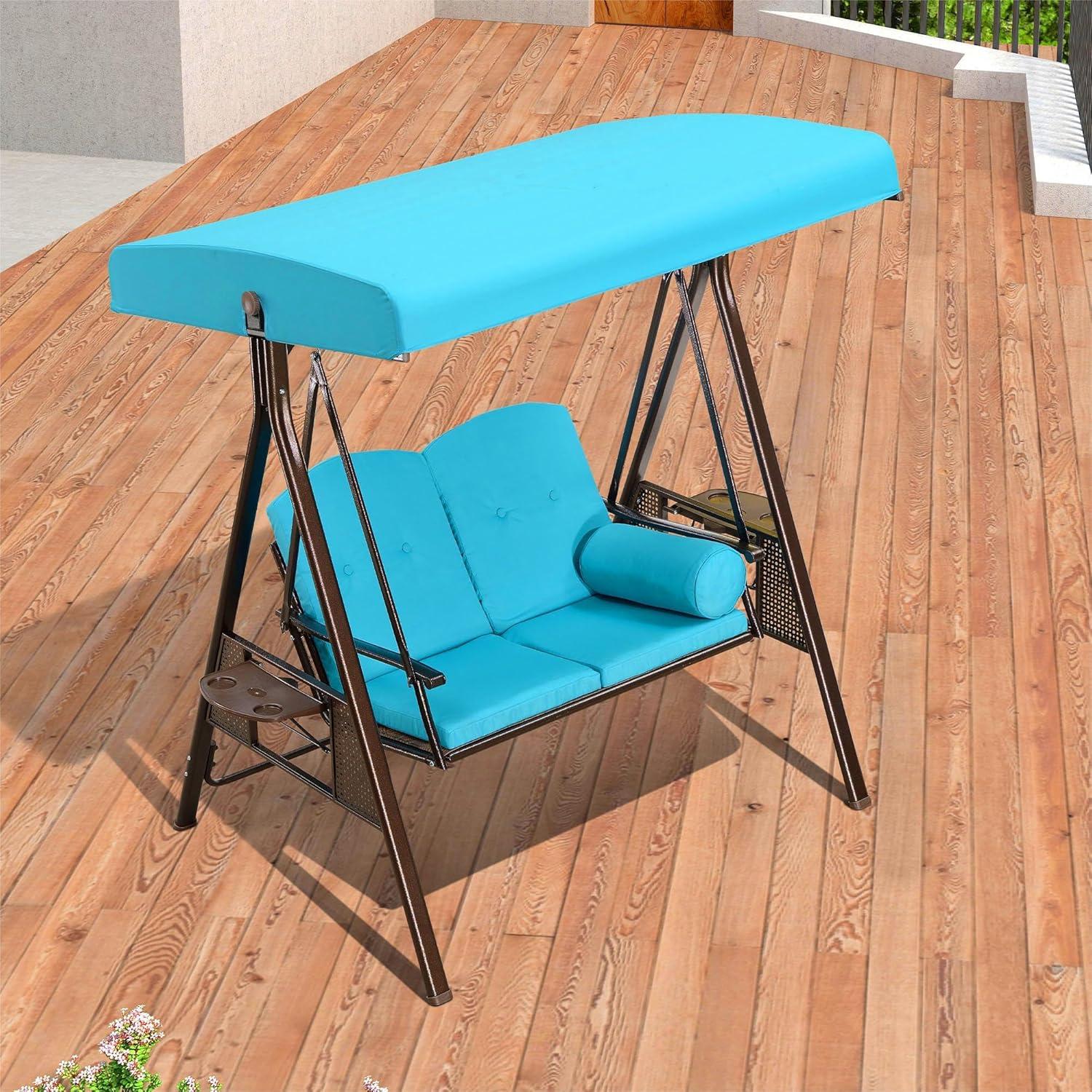 image:imagePURPLE LEAF 3Seat Deluxe Outdoor Patio Porch Swing with Weather Resistant Steel Frame Adjustable Tilt Canopy Cushions and Pillow Included BeigeTurquoise Blue