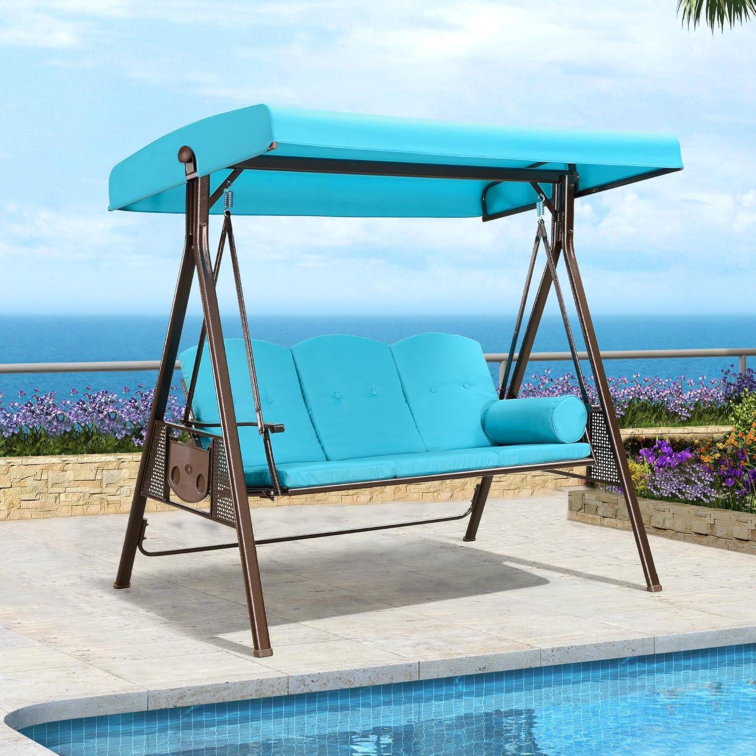 image:imagePURPLE LEAF 3Seat Deluxe Outdoor Patio Porch Swing with Weather Resistant Steel Frame Adjustable Tilt Canopy Cushions and Pillow Included BeigeTurquoise Blue