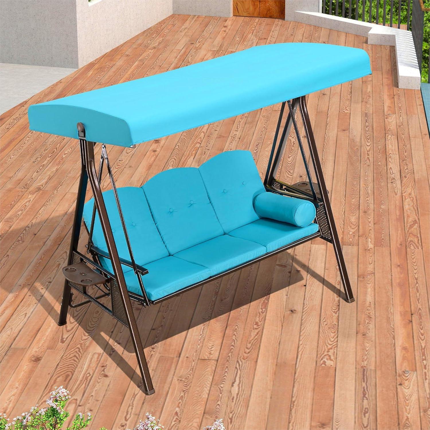 image:imagePURPLE LEAF 3Seat Deluxe Outdoor Patio Porch Swing with Weather Resistant Steel Frame Adjustable Tilt Canopy Cushions and Pillow Included BeigeTurquoise Blue