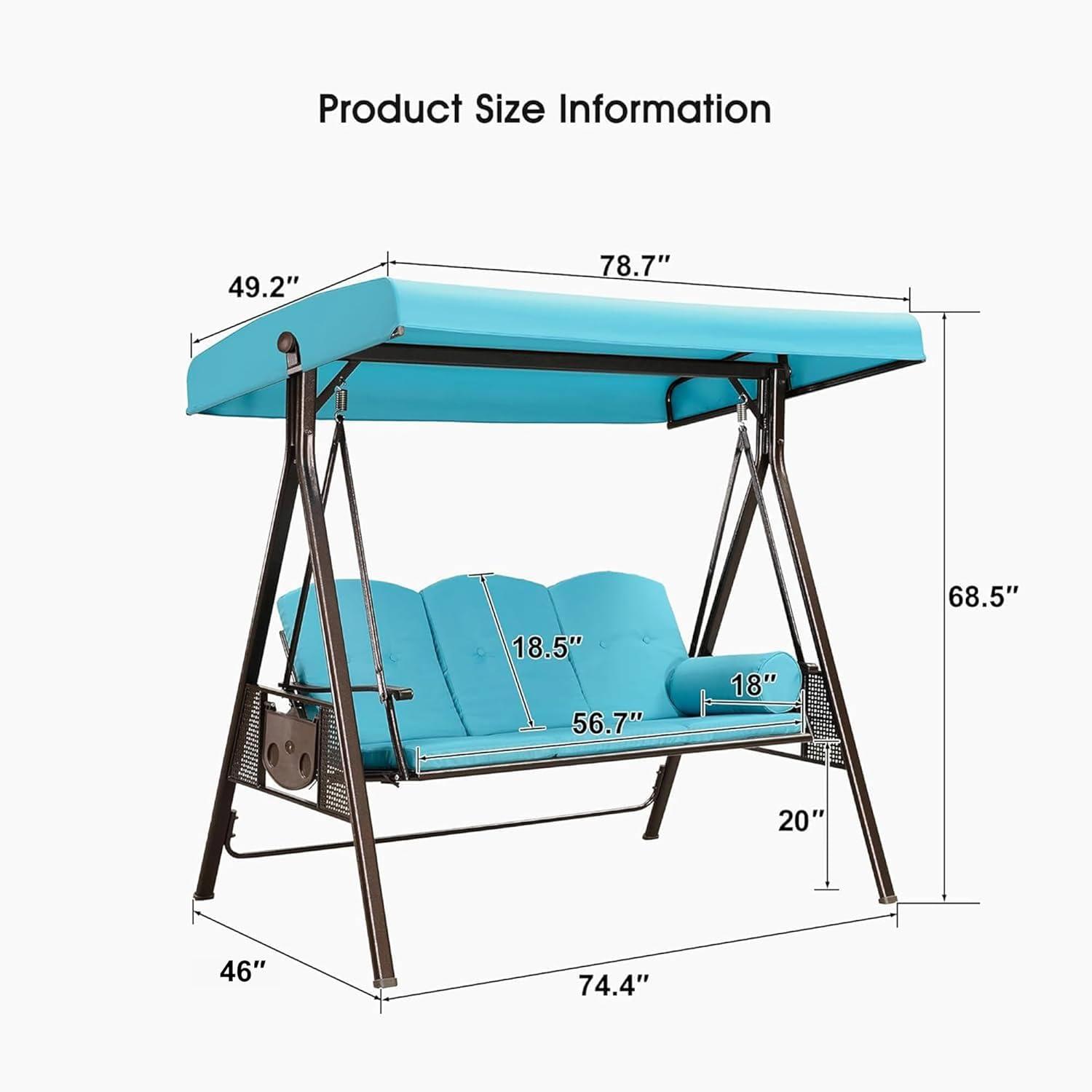 image:imagePURPLE LEAF 3Seat Deluxe Outdoor Patio Porch Swing with Weather Resistant Steel Frame Adjustable Tilt Canopy Cushions and Pillow Included BeigeTurquoise Blue