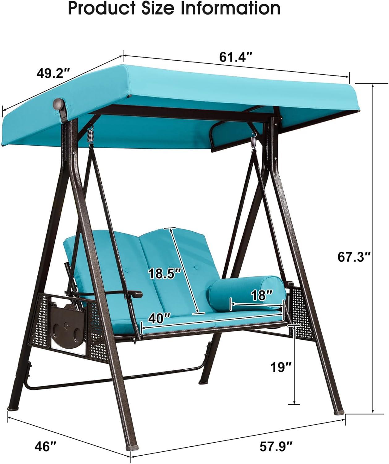 image:imagePURPLE LEAF 3Seat Deluxe Outdoor Patio Porch Swing with Weather Resistant Steel Frame Adjustable Tilt Canopy Cushions and Pillow Included BeigeTurquoise Blue