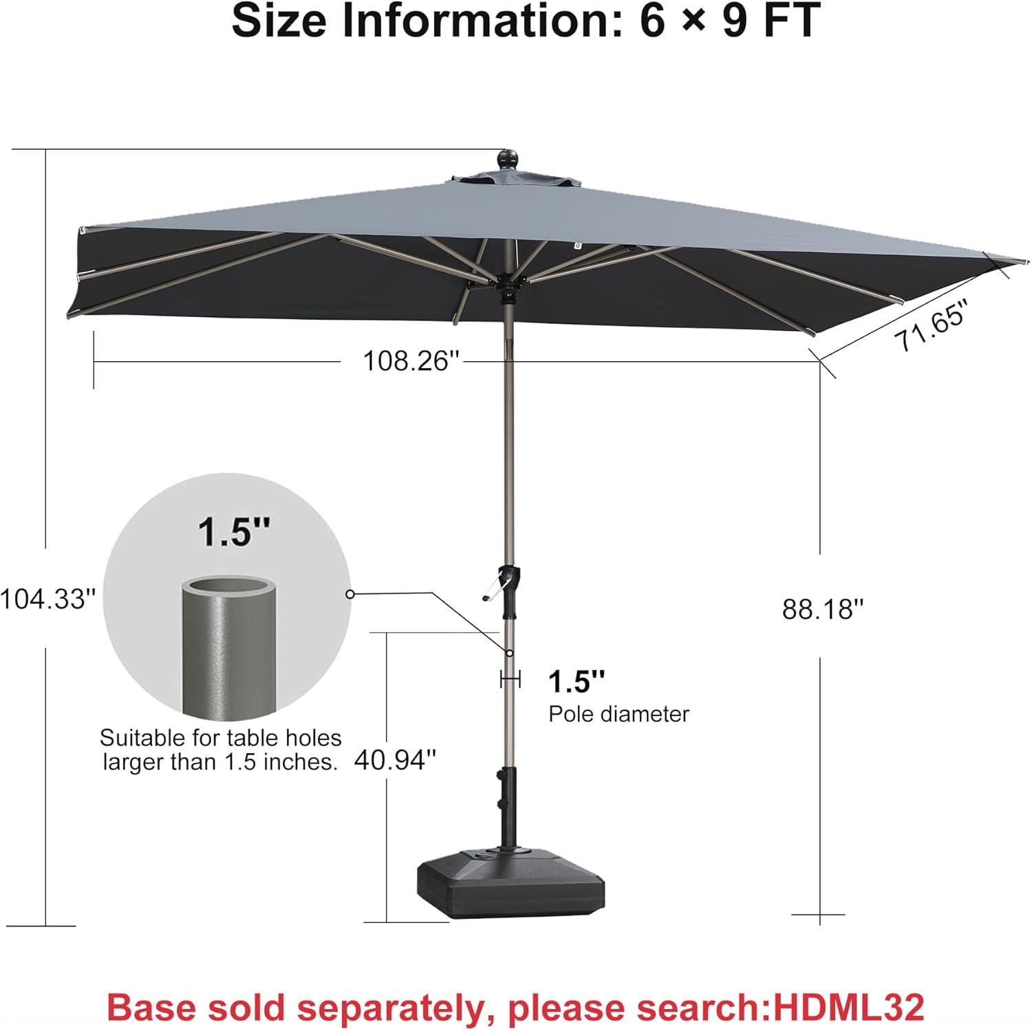 image:imagePURPLE LEAF 6 x 9 Rectangle Outdoor Umbrella for Patio with Tilt Adjustment Patio Table Umbrella for 3 Year Fade Resistant Aluminum Pool Market Umbrella for Deck Garden Patio Poolside or LawnGrey