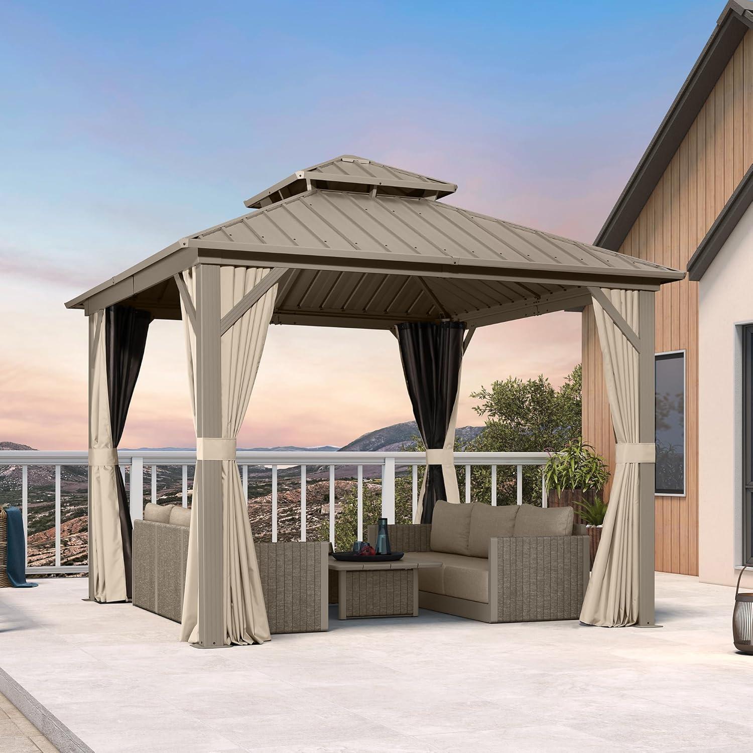 image:imagePURPLE LEAF 8 x 10 Outdoor Hardtop Gazebo Champagne Small Aluminum Gazebo with Galvanized Steel Double Roof Curtains and Netting for Patio Lawn and Garden10 X 10