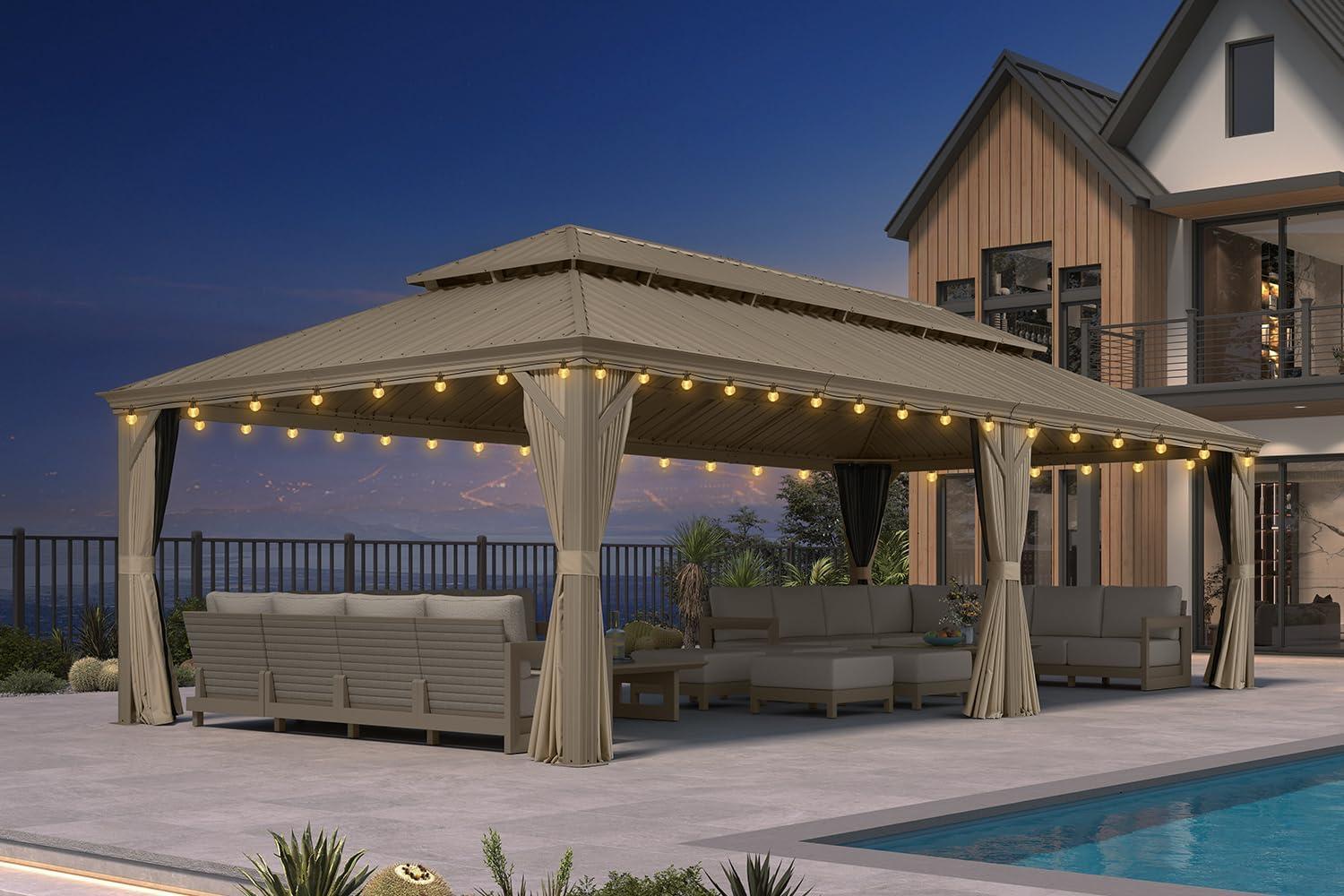 image:imagePURPLE LEAF 8 x 10 Outdoor Hardtop Gazebo Champagne Small Aluminum Gazebo with Galvanized Steel Double Roof Curtains and Netting for Patio Lawn and Garden14 X 28