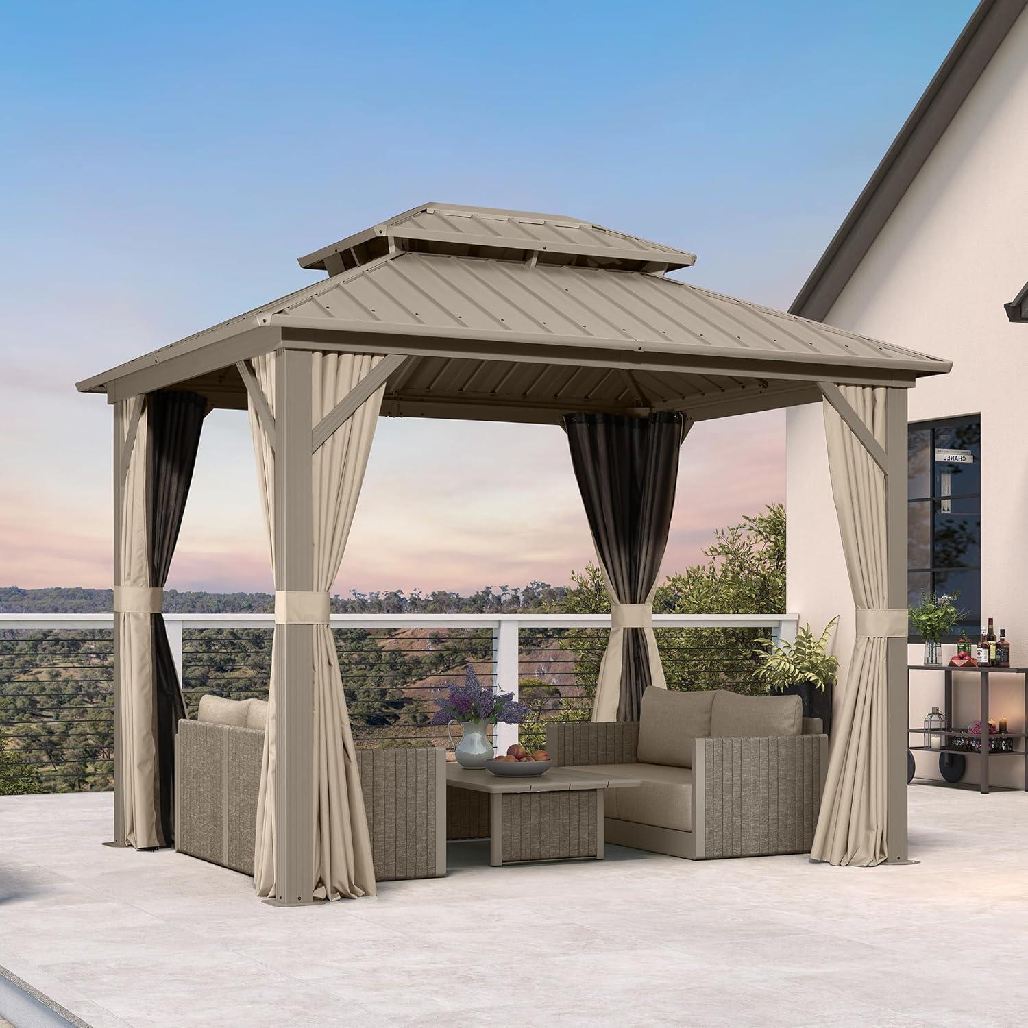 image:imagePURPLE LEAF 8 x 10 Outdoor Hardtop Gazebo Champagne Small Aluminum Gazebo with Galvanized Steel Double Roof Curtains and Netting for Patio Lawn and Garden8 X 10