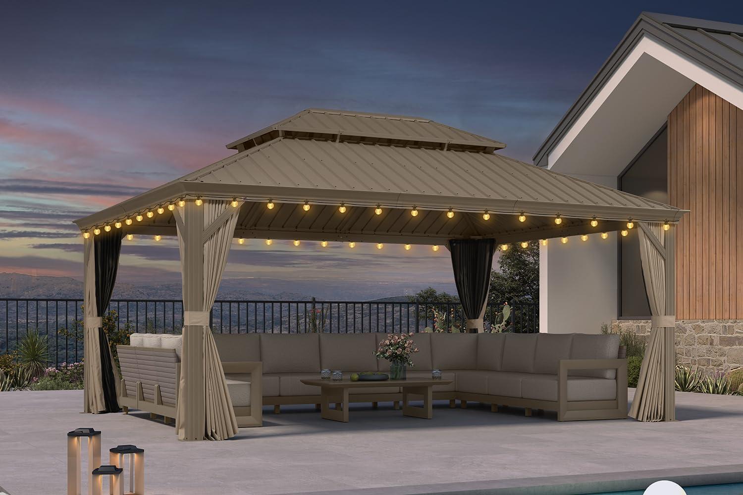 image:imagePURPLE LEAF 8 x 10 Outdoor Hardtop Gazebo Champagne Small Aluminum Gazebo with Galvanized Steel Double Roof Curtains and Netting for Patio Lawn and Garden13 X 17