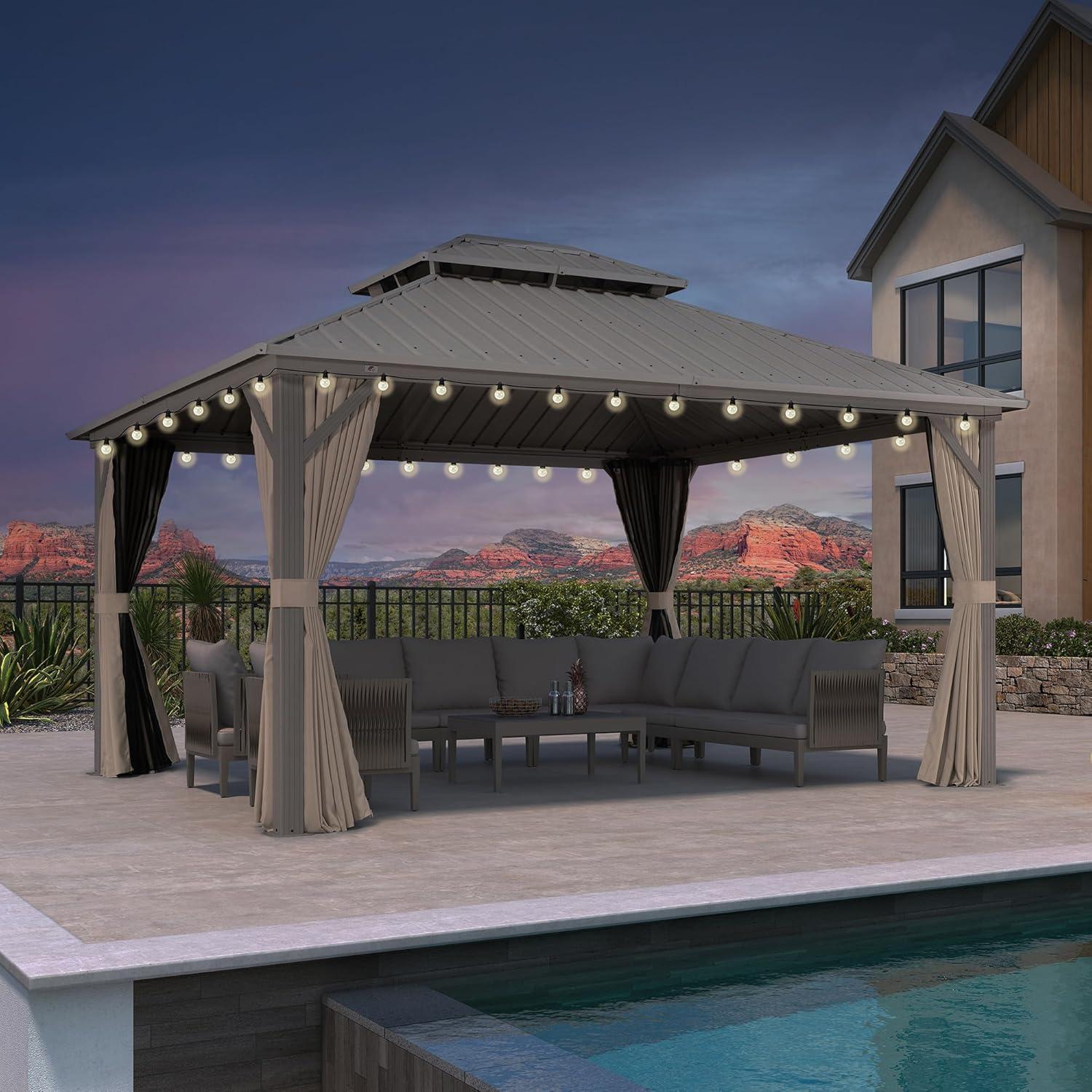 image:imagePURPLE LEAF 8 x 10 Outdoor Hardtop Gazebo Champagne Small Aluminum Gazebo with Galvanized Steel Double Roof Curtains and Netting for Patio Lawn and Garden12 X 14