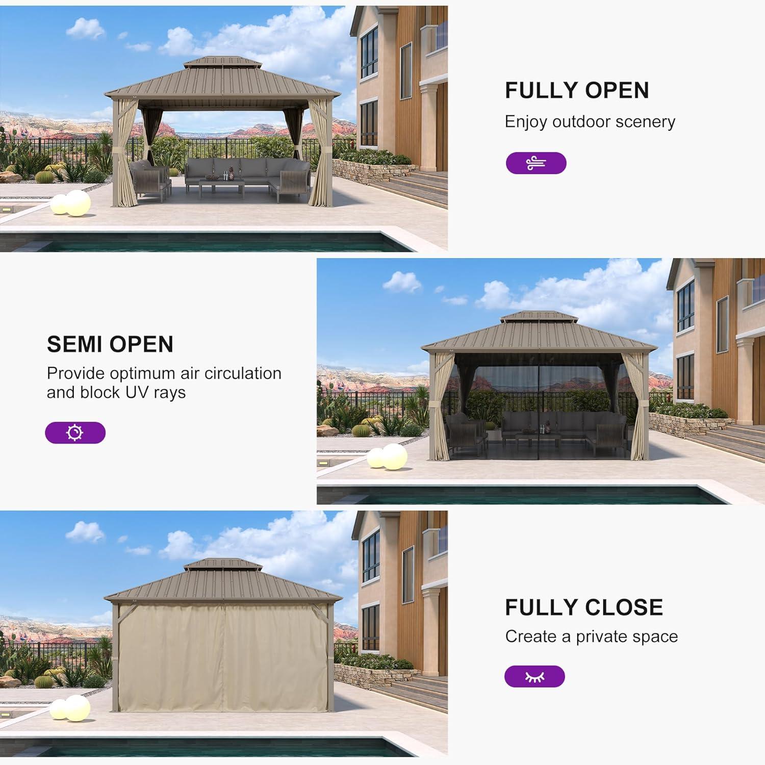 image:imagePURPLE LEAF 8 x 10 Outdoor Hardtop Gazebo Champagne Small Aluminum Gazebo with Galvanized Steel Double Roof Curtains and Netting for Patio Lawn and Garden12 X 14