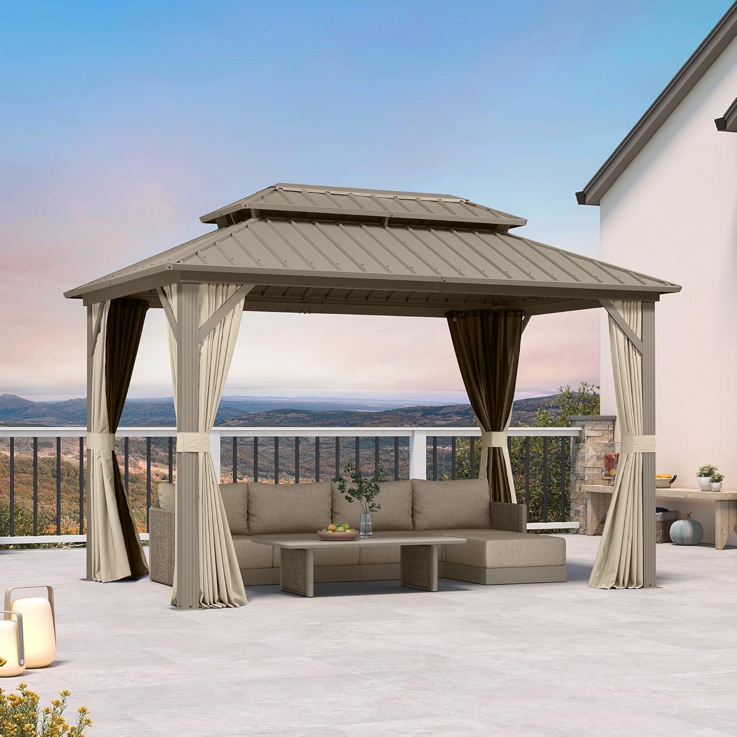 image:imagePURPLE LEAF 8 x 10 Outdoor Hardtop Gazebo Champagne Small Aluminum Gazebo with Galvanized Steel Double Roof Curtains and Netting for Patio Lawn and Garden8 X 12