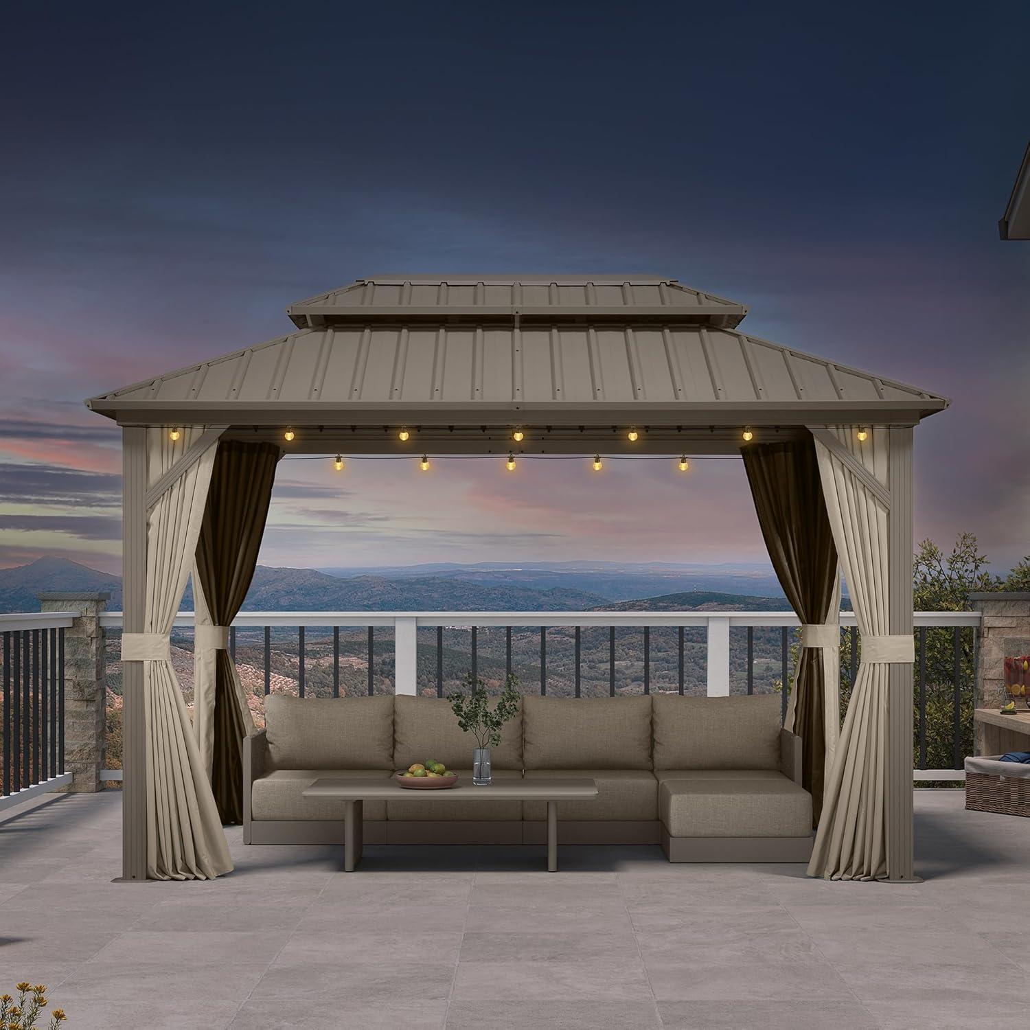 image:imagePURPLE LEAF 8 x 10 Outdoor Hardtop Gazebo Champagne Small Aluminum Gazebo with Galvanized Steel Double Roof Curtains and Netting for Patio Lawn and Garden8 X 12