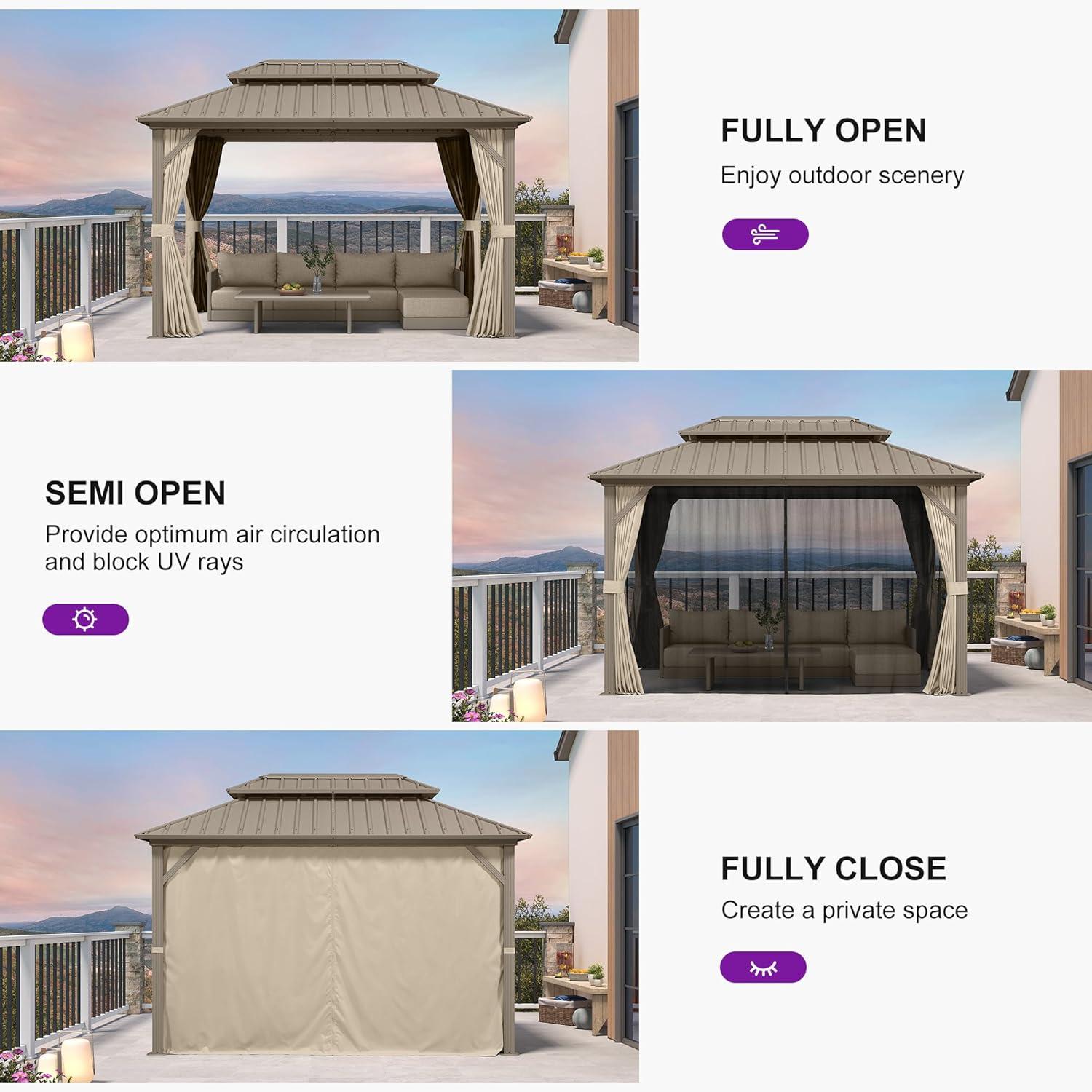 image:imagePURPLE LEAF 8 x 10 Outdoor Hardtop Gazebo Champagne Small Aluminum Gazebo with Galvanized Steel Double Roof Curtains and Netting for Patio Lawn and Garden8 X 12