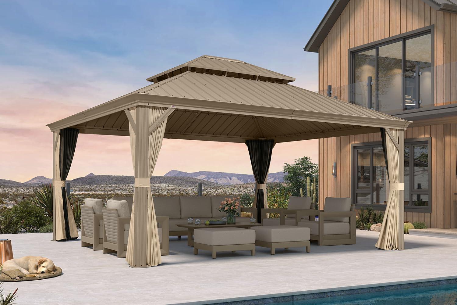 image:imagePURPLE LEAF 8 x 10 Outdoor Hardtop Gazebo Champagne Small Aluminum Gazebo with Galvanized Steel Double Roof Curtains and Netting for Patio Lawn and Garden14 X 16