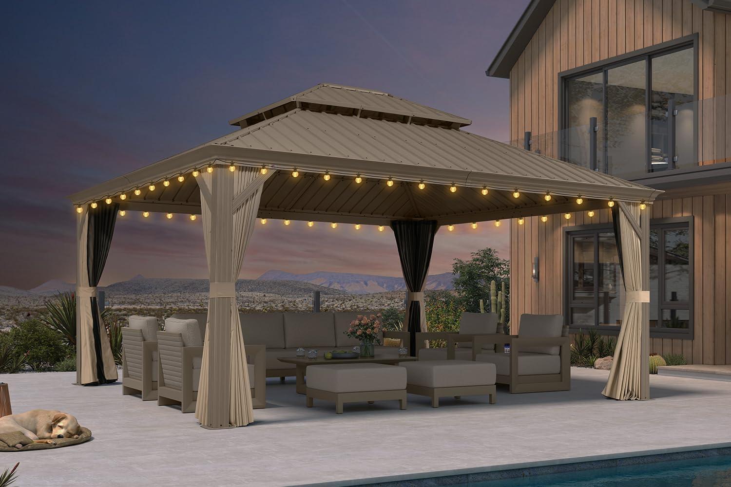image:imagePURPLE LEAF 8 x 10 Outdoor Hardtop Gazebo Champagne Small Aluminum Gazebo with Galvanized Steel Double Roof Curtains and Netting for Patio Lawn and Garden14 X 16