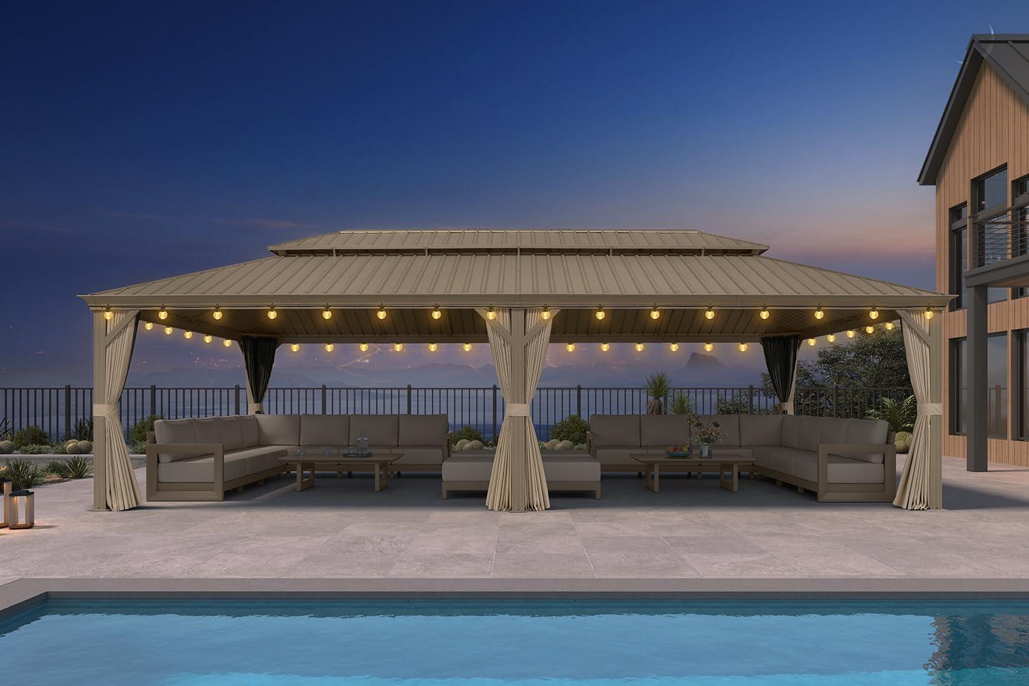 image:imagePURPLE LEAF 8 x 10 Outdoor Hardtop Gazebo Champagne Small Aluminum Gazebo with Galvanized Steel Double Roof Curtains and Netting for Patio Lawn and Garden14 X 28