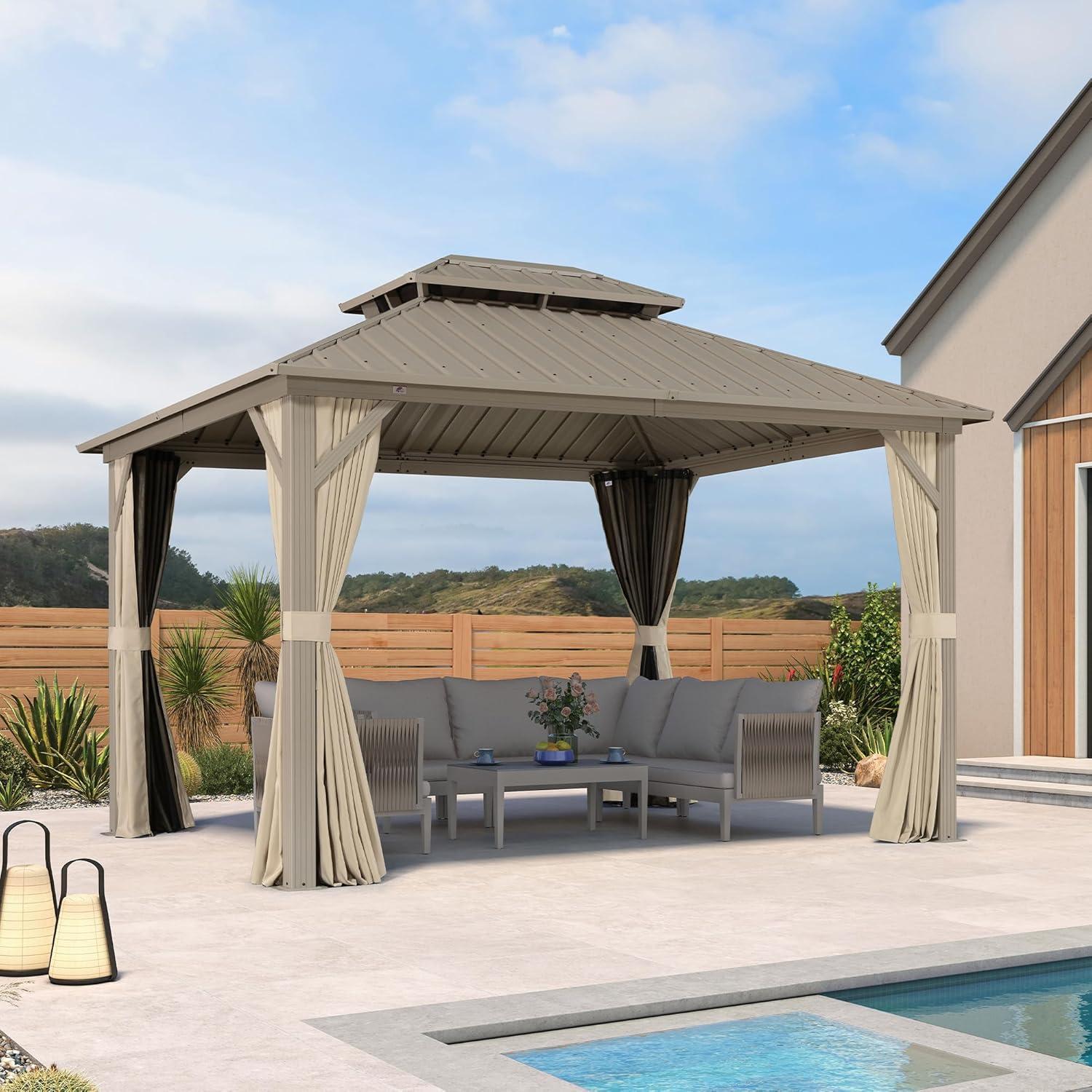 image:imagePURPLE LEAF 8 x 10 Outdoor Hardtop Gazebo Champagne Small Aluminum Gazebo with Galvanized Steel Double Roof Curtains and Netting for Patio Lawn and Garden10 X 12
