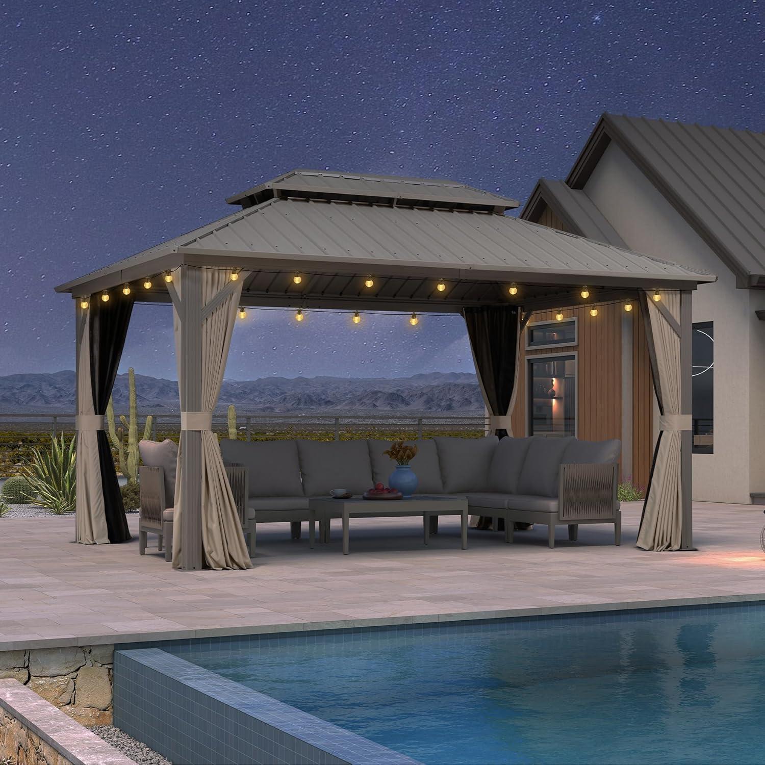 image:imagePURPLE LEAF 8 x 10 Outdoor Hardtop Gazebo Champagne Small Aluminum Gazebo with Galvanized Steel Double Roof Curtains and Netting for Patio Lawn and Garden10 X 14