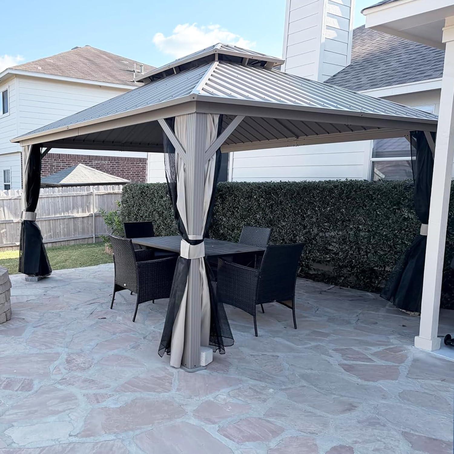 image:imagePURPLE LEAF 8 x 10 Outdoor Hardtop Gazebo Champagne Small Aluminum Gazebo with Galvanized Steel Double Roof Curtains and Netting for Patio Lawn and Garden12 X 14