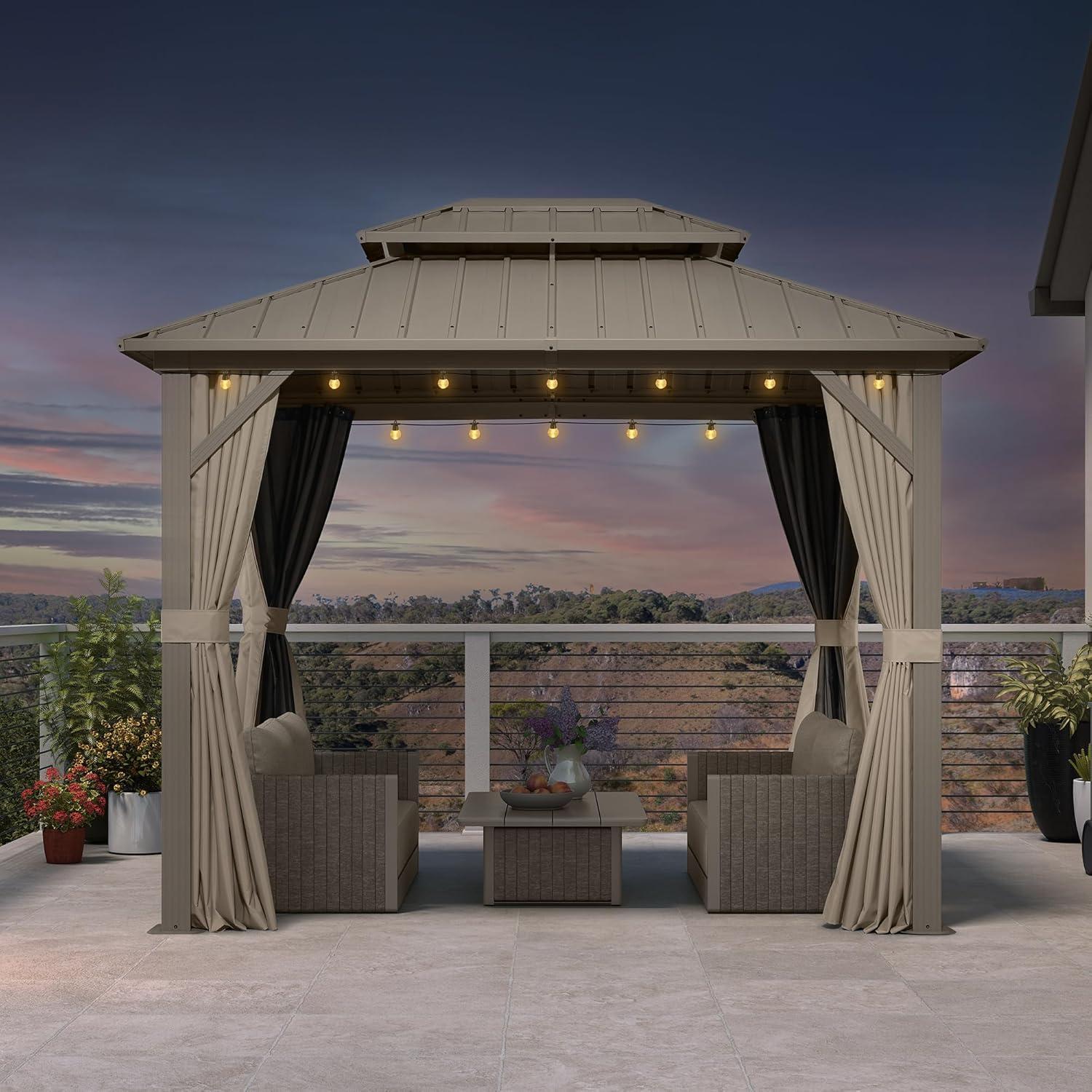 image:imagePURPLE LEAF 8 x 10 Outdoor Hardtop Gazebo Champagne Small Aluminum Gazebo with Galvanized Steel Double Roof Curtains and Netting for Patio Lawn and Garden8 X 10