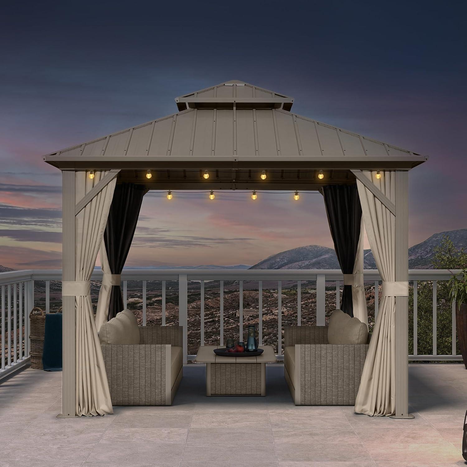 image:imagePURPLE LEAF 8 x 10 Outdoor Hardtop Gazebo Champagne Small Aluminum Gazebo with Galvanized Steel Double Roof Curtains and Netting for Patio Lawn and Garden10 X 10