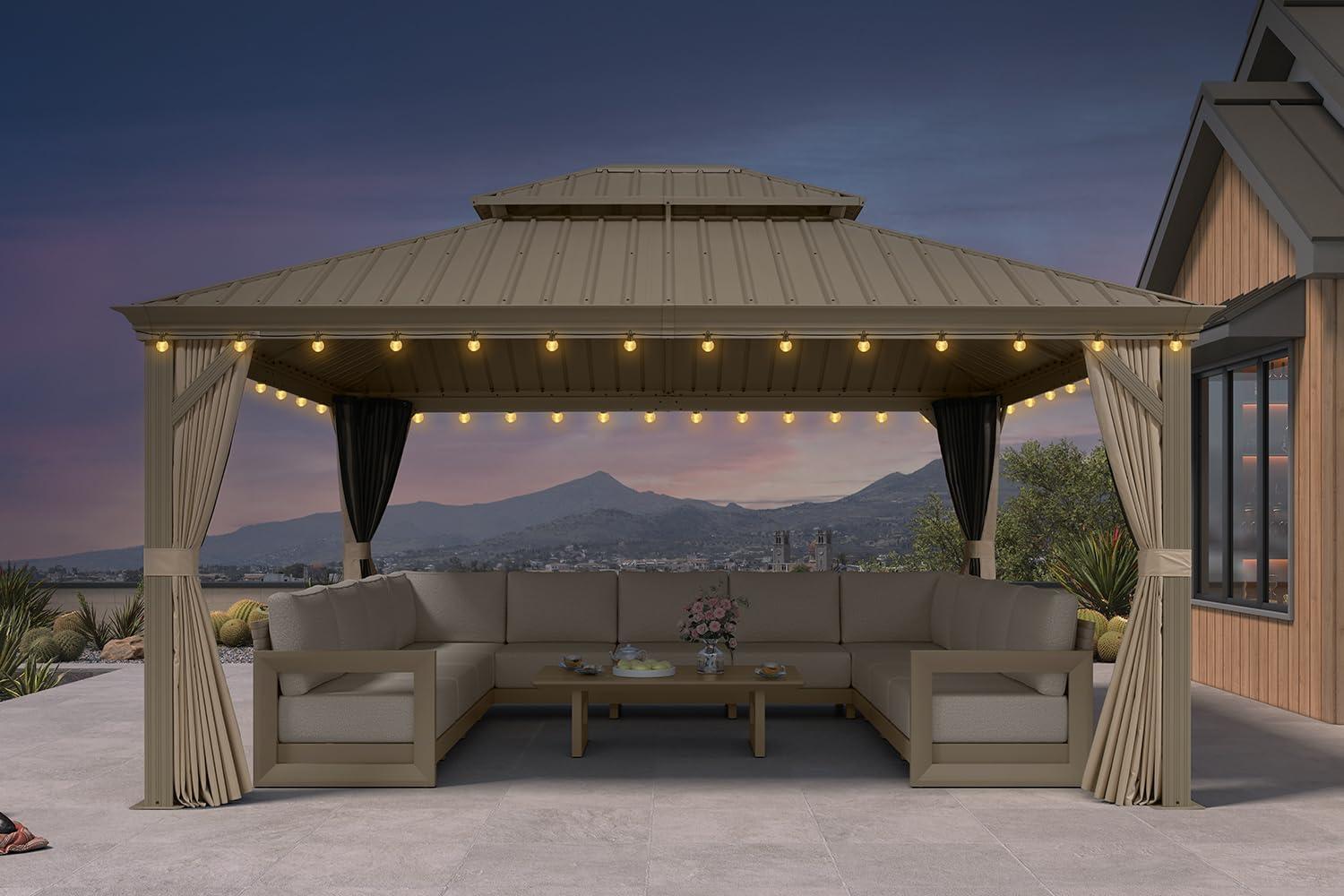 image:imagePURPLE LEAF 8 x 10 Outdoor Hardtop Gazebo Champagne Small Aluminum Gazebo with Galvanized Steel Double Roof Curtains and Netting for Patio Lawn and Garden13 X 15