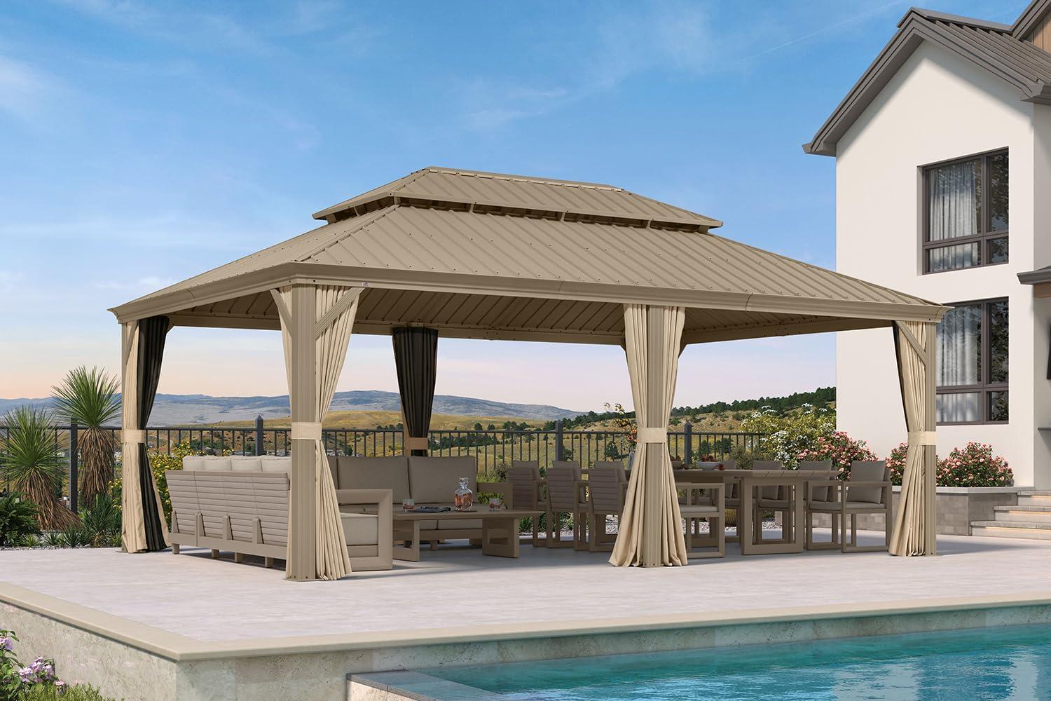 image:imagePURPLE LEAF 8 x 10 Outdoor Hardtop Gazebo Champagne Small Aluminum Gazebo with Galvanized Steel Double Roof Curtains and Netting for Patio Lawn and Garden14 X 20