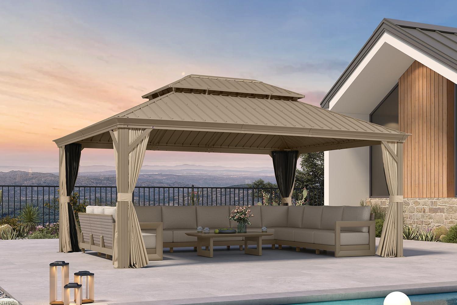 image:imagePURPLE LEAF 8 x 10 Outdoor Hardtop Gazebo Champagne Small Aluminum Gazebo with Galvanized Steel Double Roof Curtains and Netting for Patio Lawn and Garden13 X 17