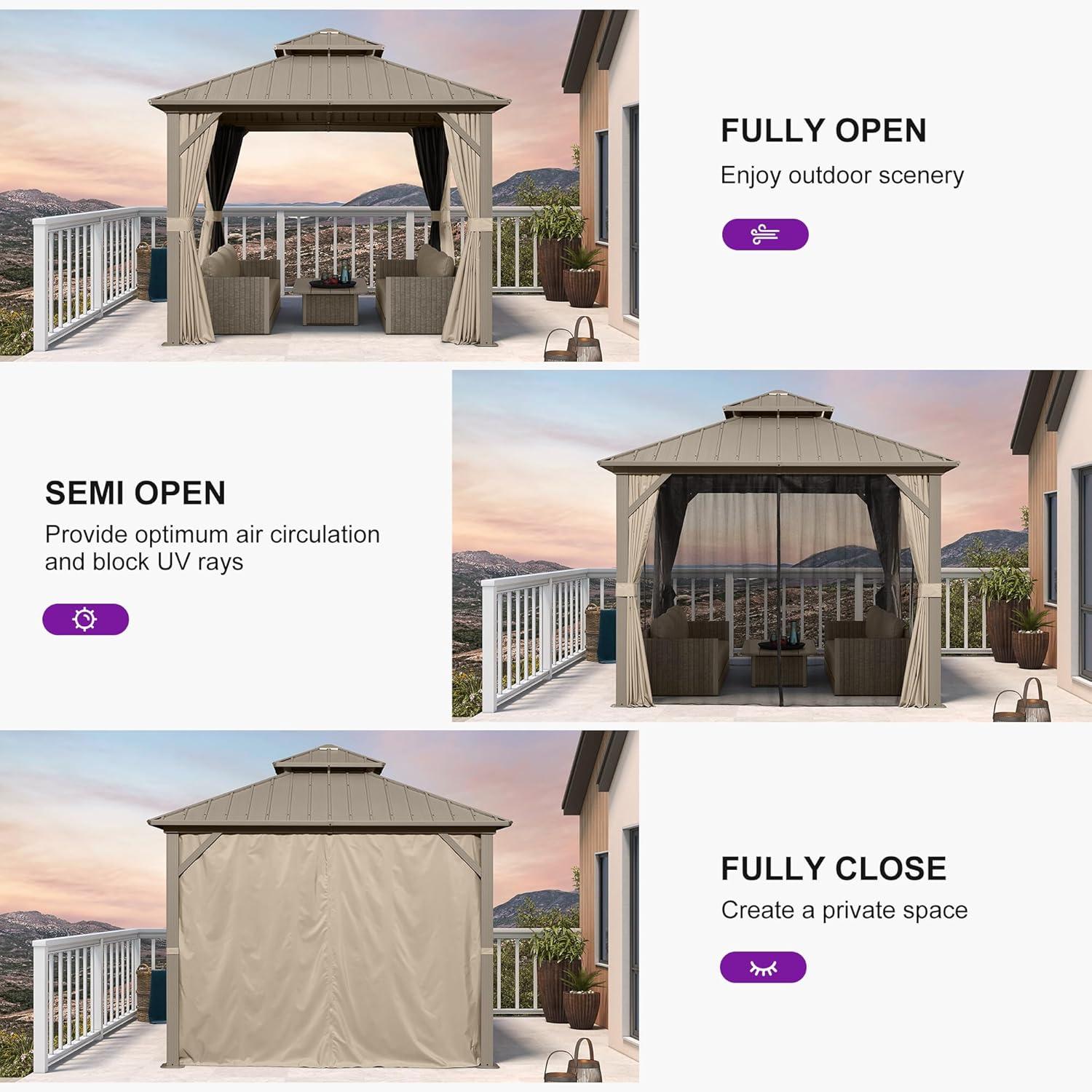 image:imagePURPLE LEAF 8 x 10 Outdoor Hardtop Gazebo Champagne Small Aluminum Gazebo with Galvanized Steel Double Roof Curtains and Netting for Patio Lawn and Garden10 X 10