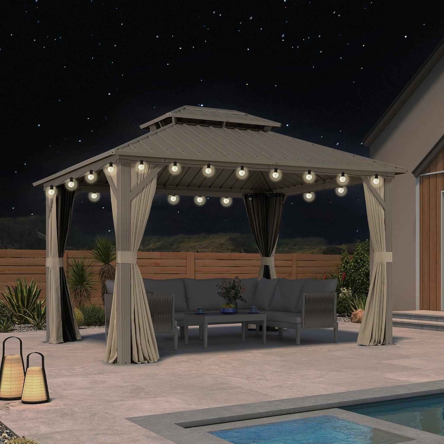 image:imagePURPLE LEAF 8 x 10 Outdoor Hardtop Gazebo Champagne Small Aluminum Gazebo with Galvanized Steel Double Roof Curtains and Netting for Patio Lawn and Garden10 X 12