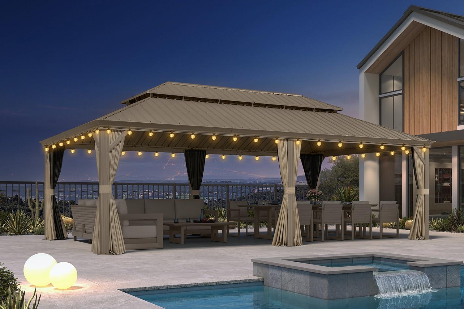 image:imagePURPLE LEAF 8 x 10 Outdoor Hardtop Gazebo Champagne Small Aluminum Gazebo with Galvanized Steel Double Roof Curtains and Netting for Patio Lawn and Garden14 X 24