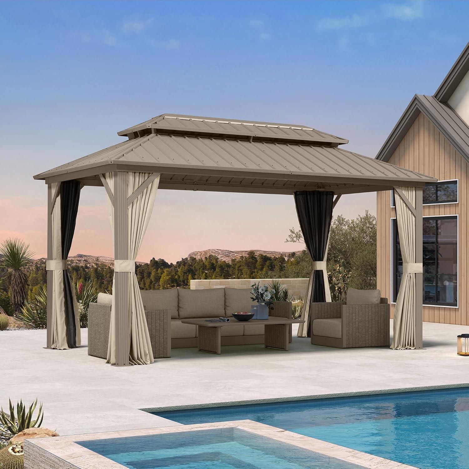 image:imagePURPLE LEAF 8 x 10 Outdoor Hardtop Gazebo Champagne Small Aluminum Gazebo with Galvanized Steel Double Roof Curtains and Netting for Patio Lawn and Garden8 X 14