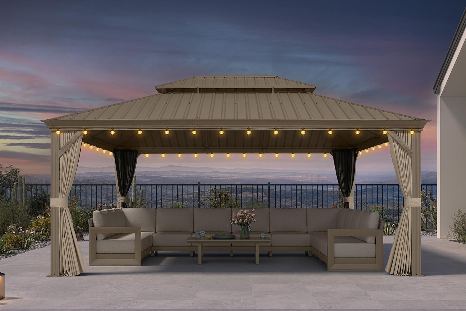 image:imagePURPLE LEAF 8 x 10 Outdoor Hardtop Gazebo Champagne Small Aluminum Gazebo with Galvanized Steel Double Roof Curtains and Netting for Patio Lawn and Garden13 X 17