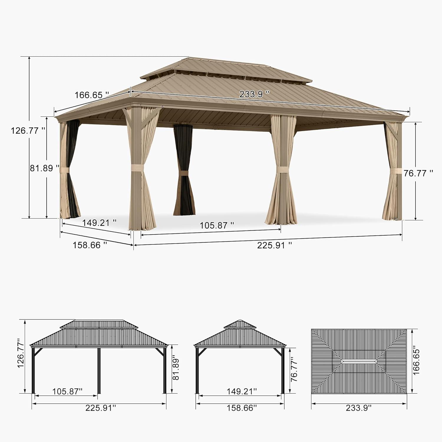 image:imagePURPLE LEAF 8 x 10 Outdoor Hardtop Gazebo Champagne Small Aluminum Gazebo with Galvanized Steel Double Roof Curtains and Netting for Patio Lawn and Garden14 X 20