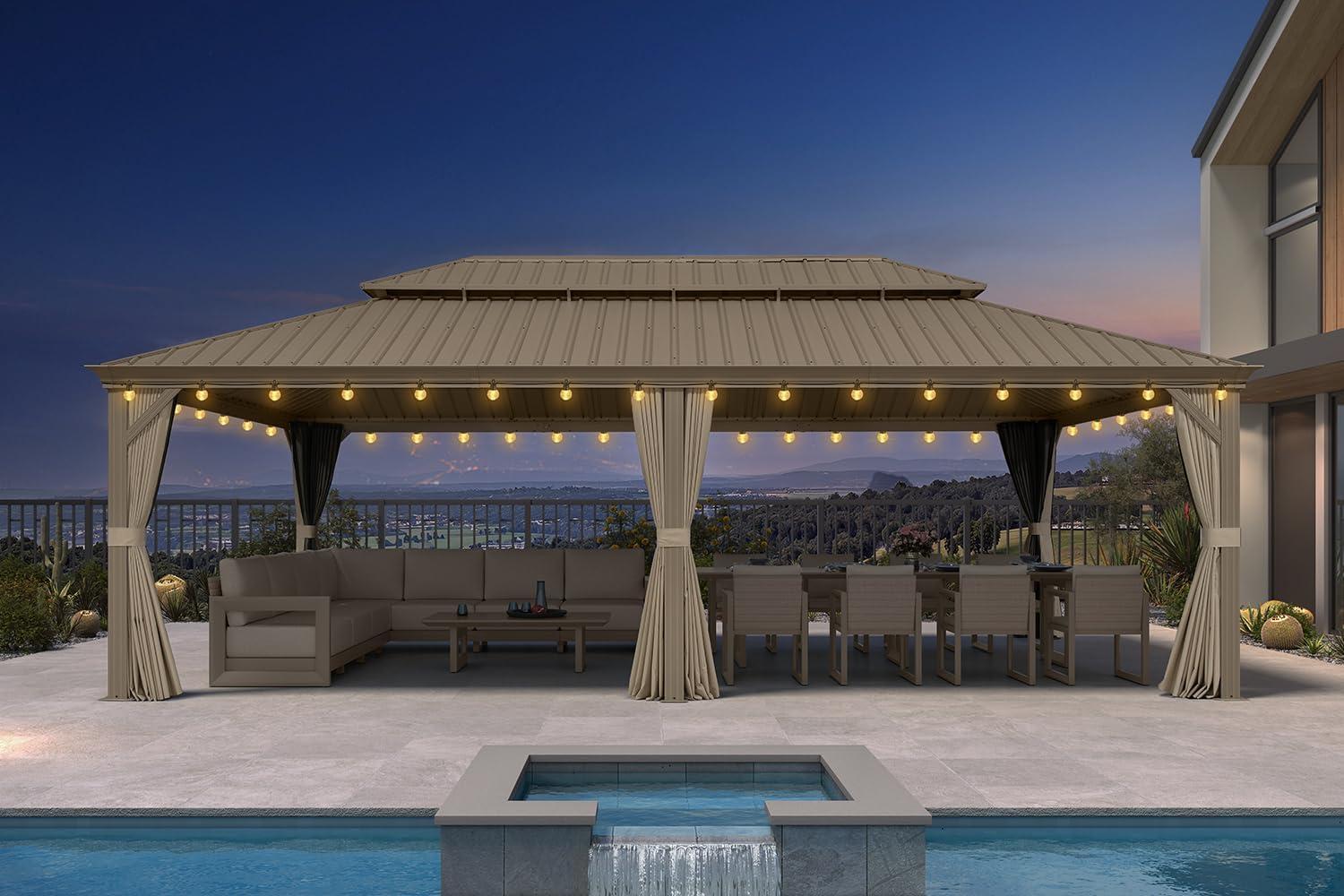 image:imagePURPLE LEAF 8 x 10 Outdoor Hardtop Gazebo Champagne Small Aluminum Gazebo with Galvanized Steel Double Roof Curtains and Netting for Patio Lawn and Garden14 X 24