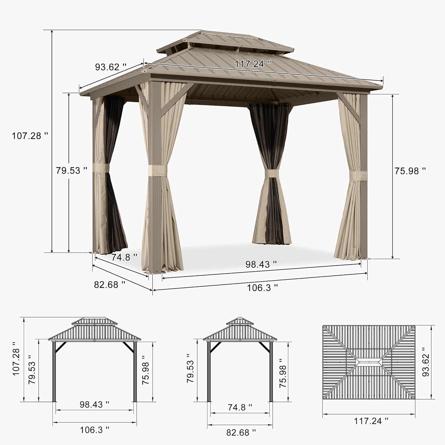 image:imagePURPLE LEAF 8 x 10 Outdoor Hardtop Gazebo Champagne Small Aluminum Gazebo with Galvanized Steel Double Roof Curtains and Netting for Patio Lawn and Garden8 X 10