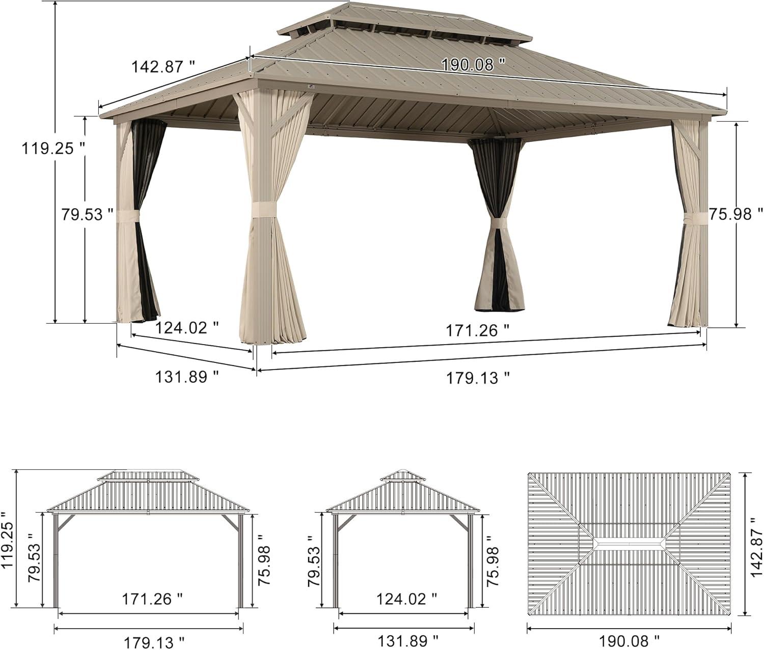 image:imagePURPLE LEAF 8 x 10 Outdoor Hardtop Gazebo Champagne Small Aluminum Gazebo with Galvanized Steel Double Roof Curtains and Netting for Patio Lawn and Garden12 X 16