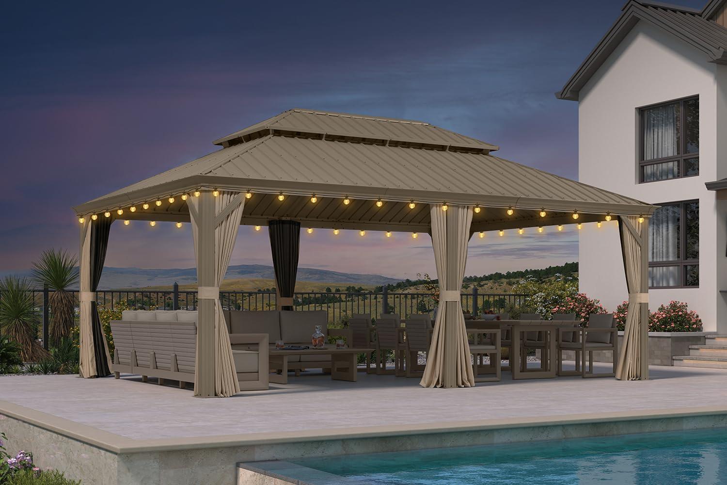 image:imagePURPLE LEAF 8 x 10 Outdoor Hardtop Gazebo Champagne Small Aluminum Gazebo with Galvanized Steel Double Roof Curtains and Netting for Patio Lawn and Garden14 X 20