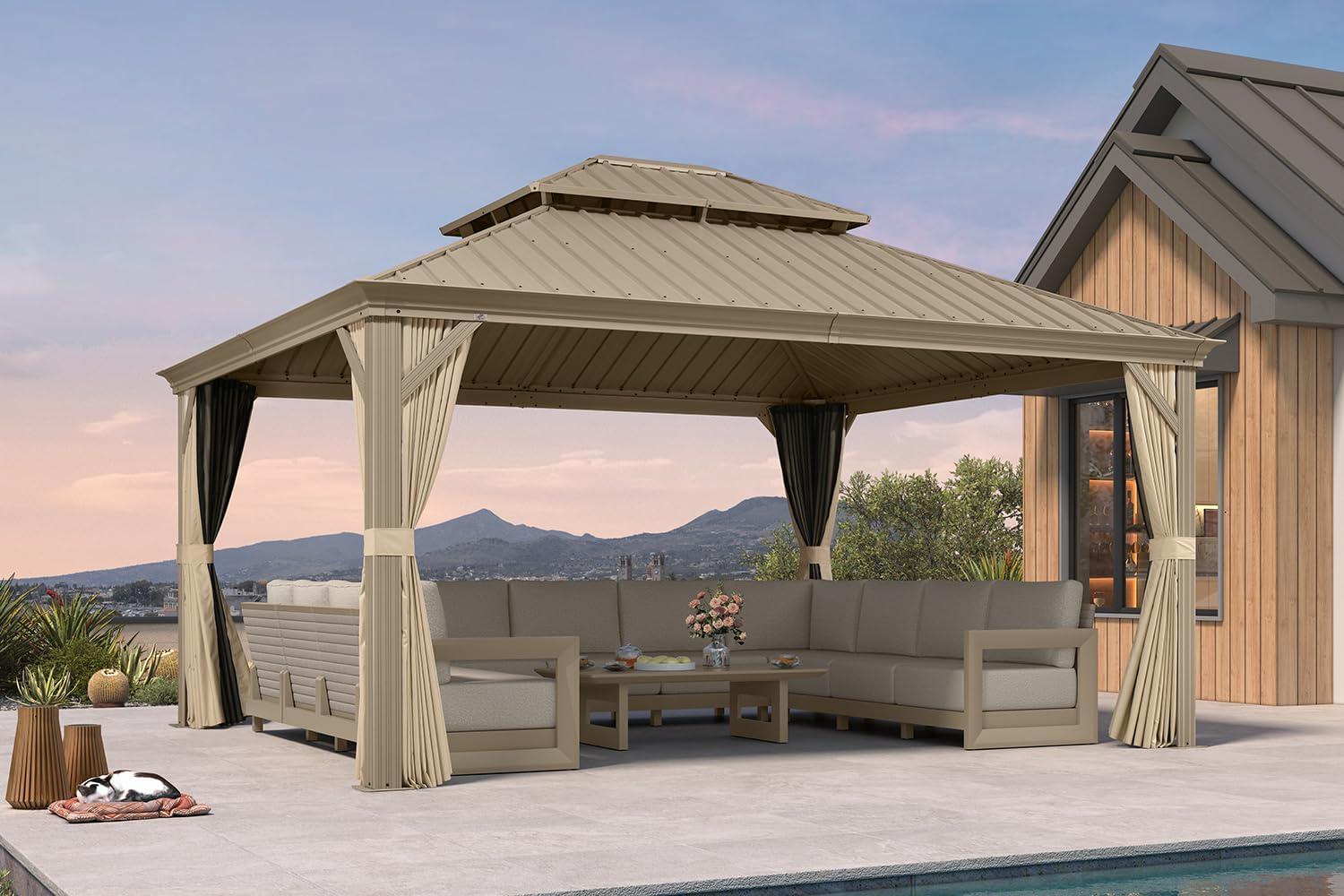 image:imagePURPLE LEAF 8 x 10 Outdoor Hardtop Gazebo Champagne Small Aluminum Gazebo with Galvanized Steel Double Roof Curtains and Netting for Patio Lawn and Garden13 X 15