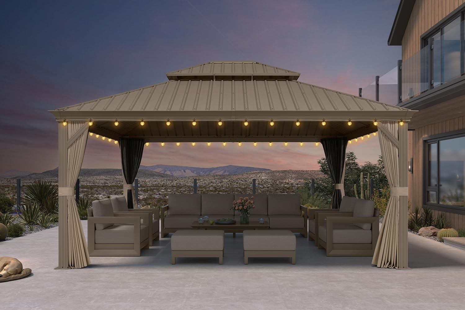 image:imagePURPLE LEAF 8 x 10 Outdoor Hardtop Gazebo Champagne Small Aluminum Gazebo with Galvanized Steel Double Roof Curtains and Netting for Patio Lawn and Garden14 X 16