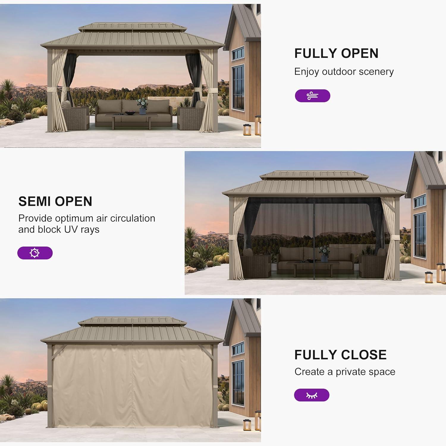 image:imagePURPLE LEAF 8 x 10 Outdoor Hardtop Gazebo Champagne Small Aluminum Gazebo with Galvanized Steel Double Roof Curtains and Netting for Patio Lawn and Garden8 X 14
