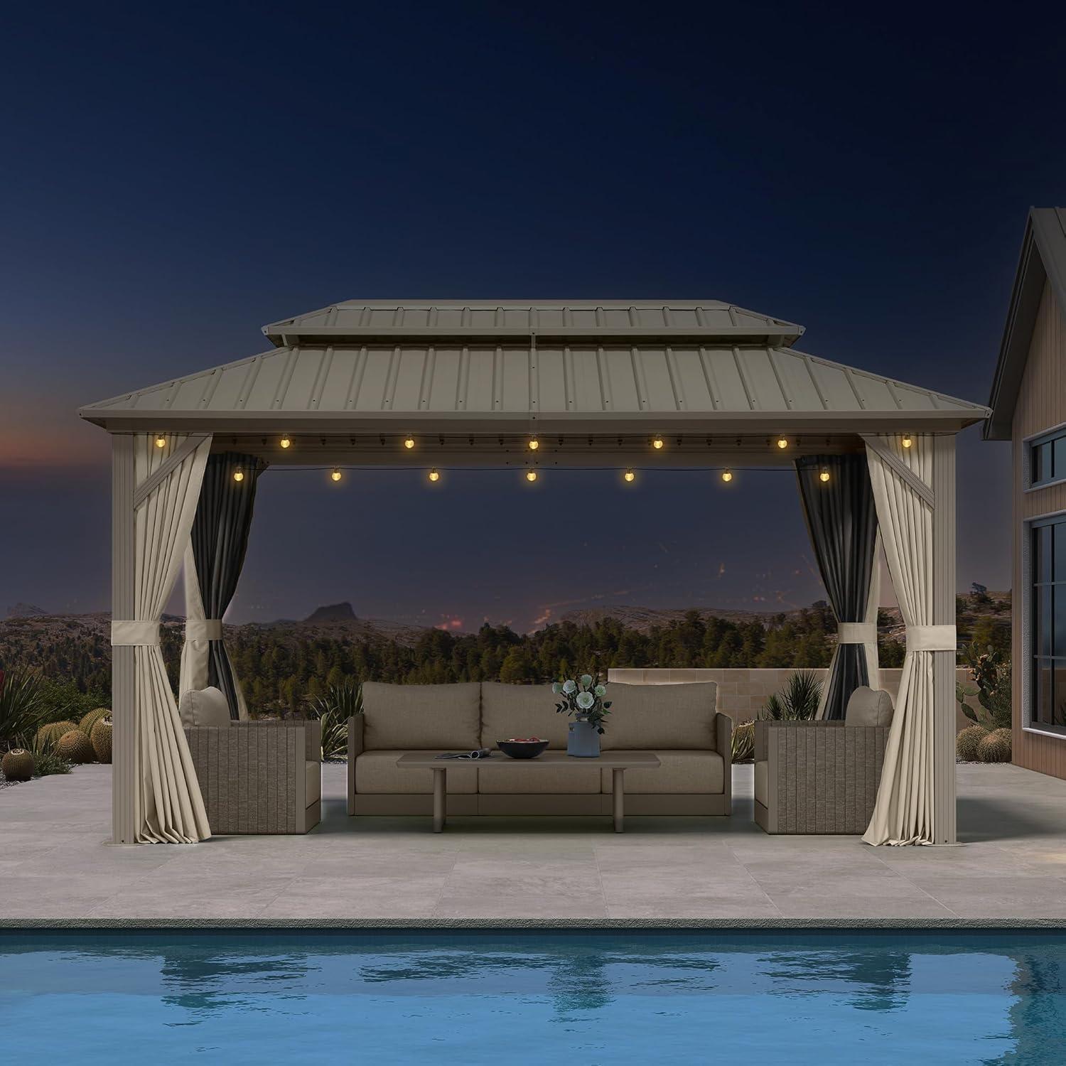 image:imagePURPLE LEAF 8 x 10 Outdoor Hardtop Gazebo Champagne Small Aluminum Gazebo with Galvanized Steel Double Roof Curtains and Netting for Patio Lawn and Garden8 X 14