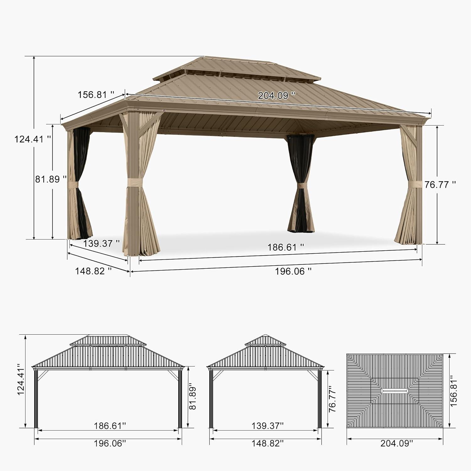image:imagePURPLE LEAF 8 x 10 Outdoor Hardtop Gazebo Champagne Small Aluminum Gazebo with Galvanized Steel Double Roof Curtains and Netting for Patio Lawn and Garden13 X 17