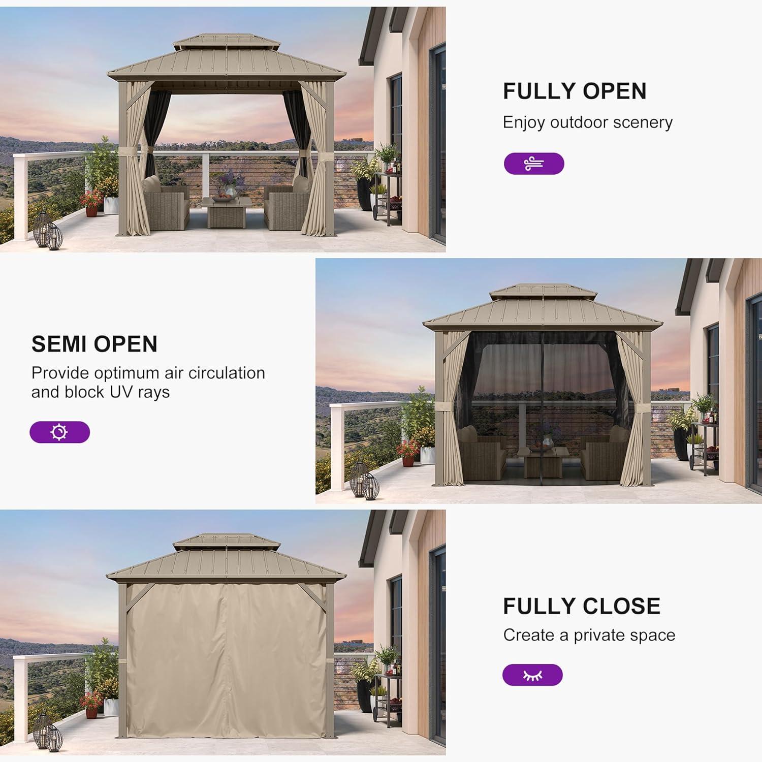 image:imagePURPLE LEAF 8 x 10 Outdoor Hardtop Gazebo Champagne Small Aluminum Gazebo with Galvanized Steel Double Roof Curtains and Netting for Patio Lawn and Garden8 X 10