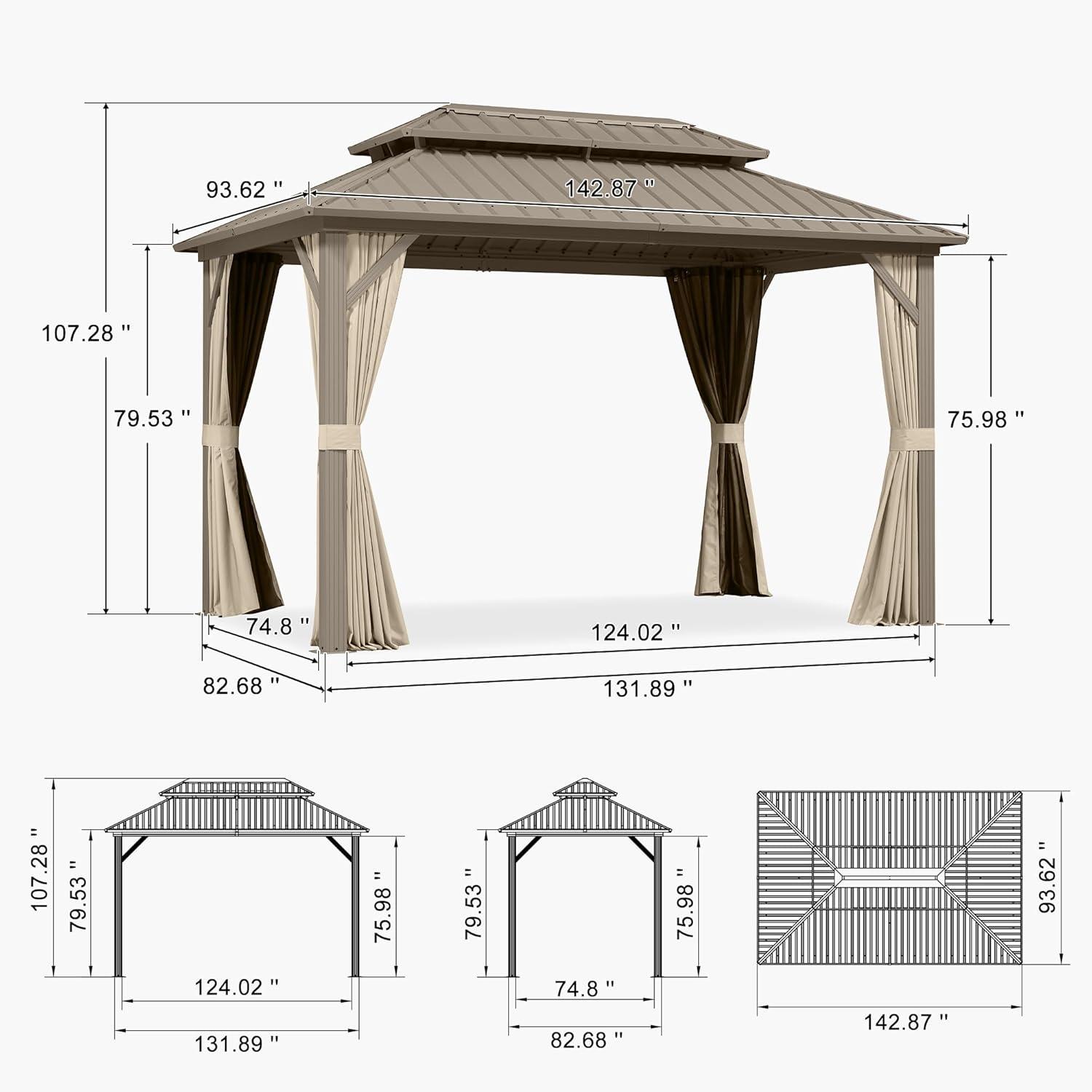 image:imagePURPLE LEAF 8 x 10 Outdoor Hardtop Gazebo Champagne Small Aluminum Gazebo with Galvanized Steel Double Roof Curtains and Netting for Patio Lawn and Garden8 X 12