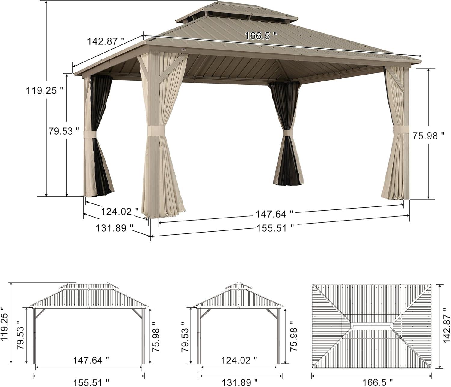 image:imagePURPLE LEAF 8 x 10 Outdoor Hardtop Gazebo Champagne Small Aluminum Gazebo with Galvanized Steel Double Roof Curtains and Netting for Patio Lawn and Garden12 X 14