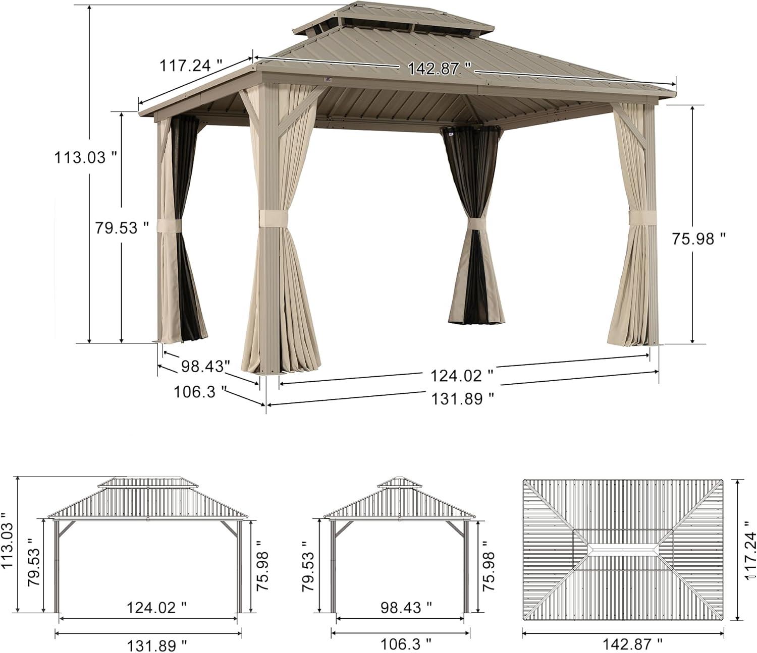 image:imagePURPLE LEAF 8 x 10 Outdoor Hardtop Gazebo Champagne Small Aluminum Gazebo with Galvanized Steel Double Roof Curtains and Netting for Patio Lawn and Garden10 X 12