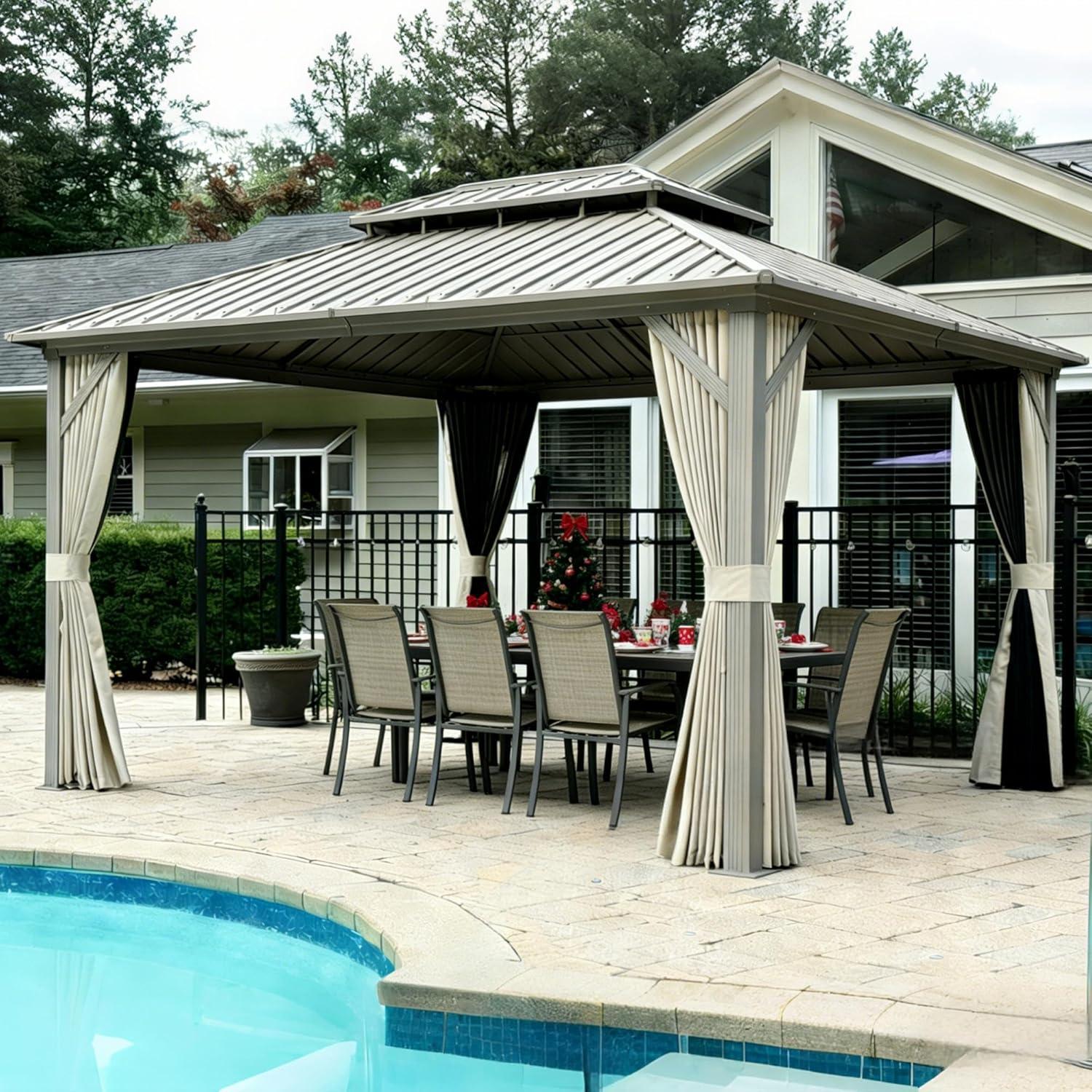 image:imagePURPLE LEAF 8 x 10 Outdoor Hardtop Gazebo Champagne Small Aluminum Gazebo with Galvanized Steel Double Roof Curtains and Netting for Patio Lawn and Garden12 X 16